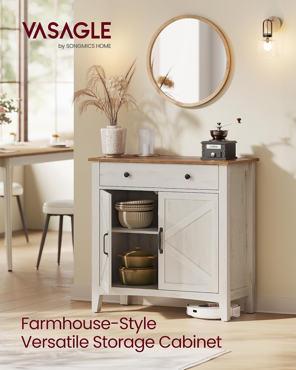 VASAGLE LIRY Collection - Storage Cabinet, Buffet Cabinet, Sideboard, Credenza, with Adjustable Shelves, for Entryway, Rustic White and Honey Brown ULSC381W01