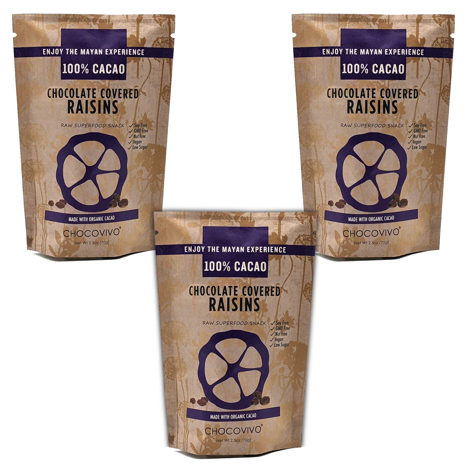 ChocoVivo Dark Chocolate Covered Raisins 70% Cacao, Superfood Snack - Paleo + Keto Friendly, 2.5 Ounces - 3pack