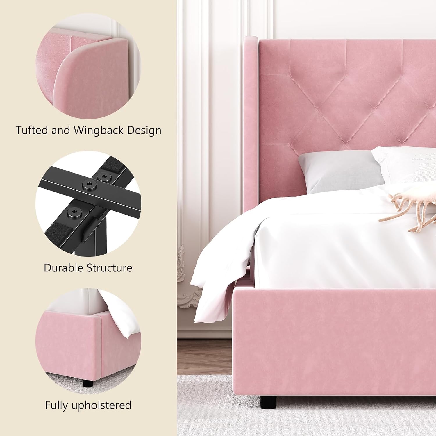 HOMBCK Full Size Bed Frame with Headboard, Upholstered Platform Bed, White | Velvet Tufted Curved Wingback/Wooden Slats Support/No Box Spring Needed/Noise-Free/Easy Assembly
