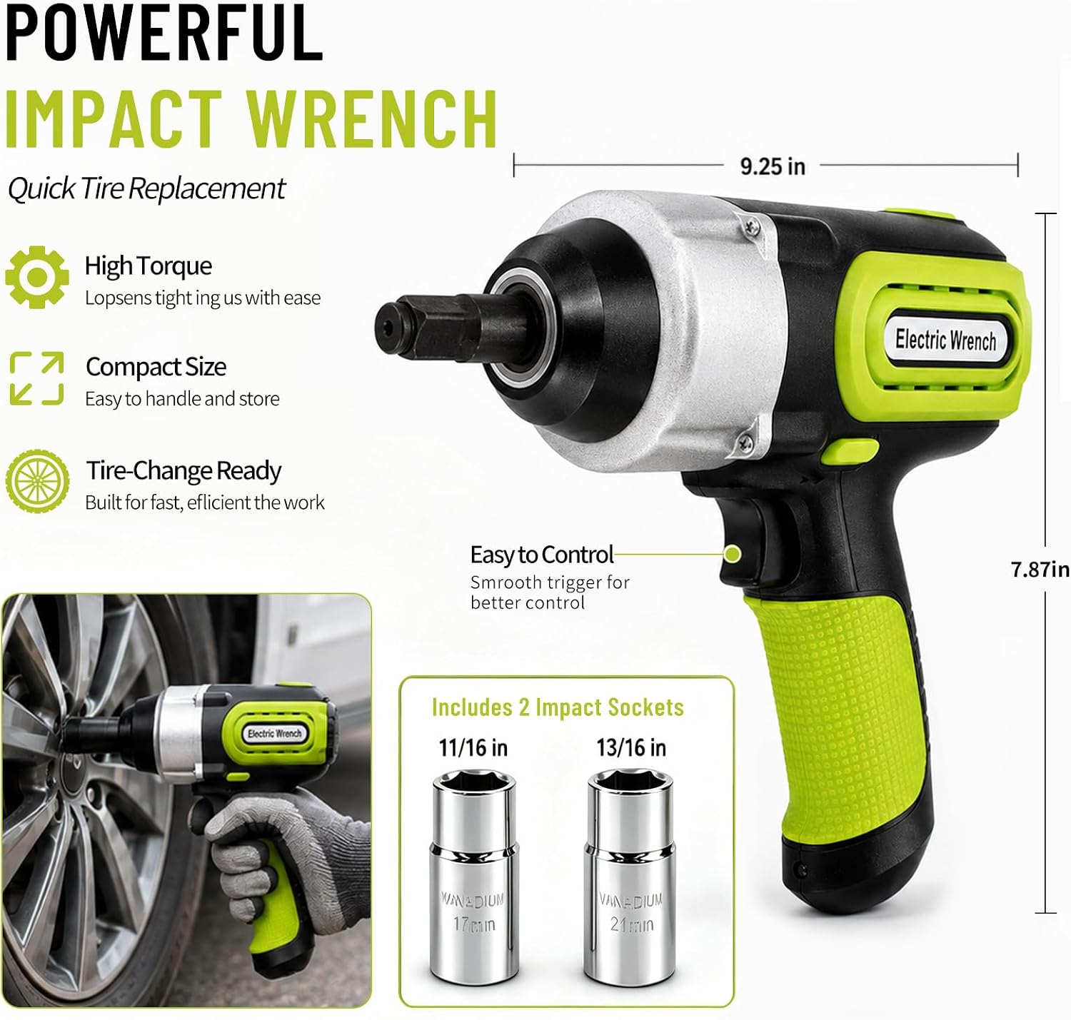 E-HEELP Electric Car Jack Kit 5 Ton 12V with Impact Wrench, 6.1-17.7 in
