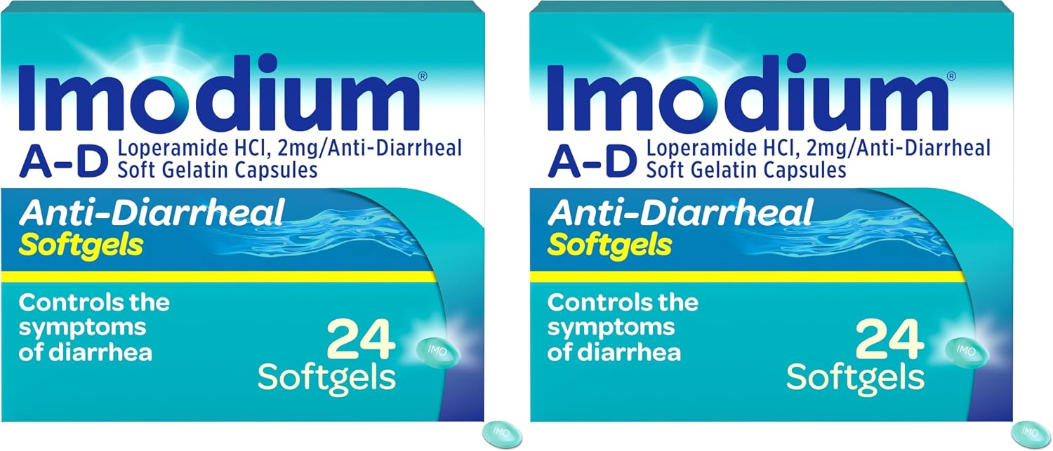 Imodium A-D Diarrhea Relief Softgels, 2mg Loperamide Hydrochloride, 24 Ct | Help Control Symptoms of Diarrhea, Due to Acute Traveler's Diarrhea, Adults 12+