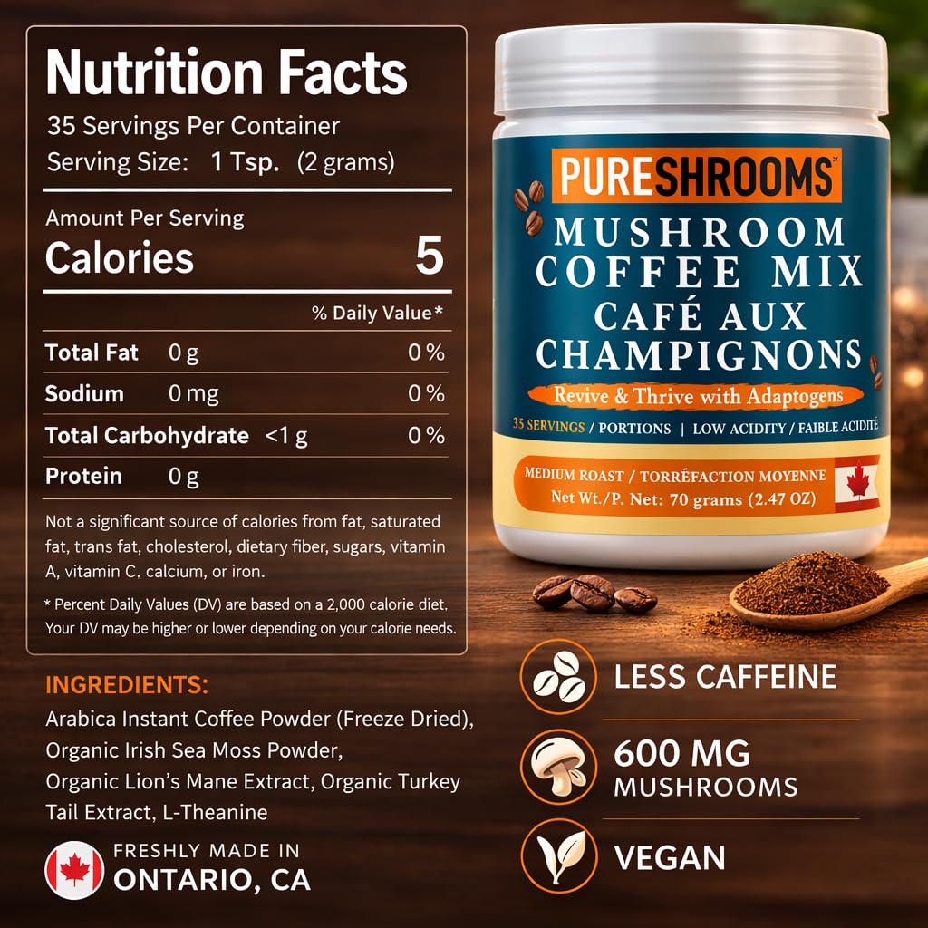 PureShrooms Mind & Body Mushroom Coffee - Instant Colombian Arabica with Organic Lion’s Mane, Reishi & Cordyceps - Low Acidity Nootropic Superfood Beverage for Focus & Vitality, 35 Servings/70g
