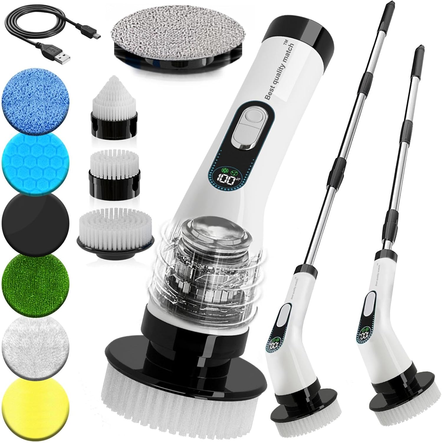 Electric Spin Scrubber for Cleaning, Cordless Power Scrubber with Long Handle, 10 Replaceable Brush Heads, 2-Speed, IPX7 Waterproof for Bathroom