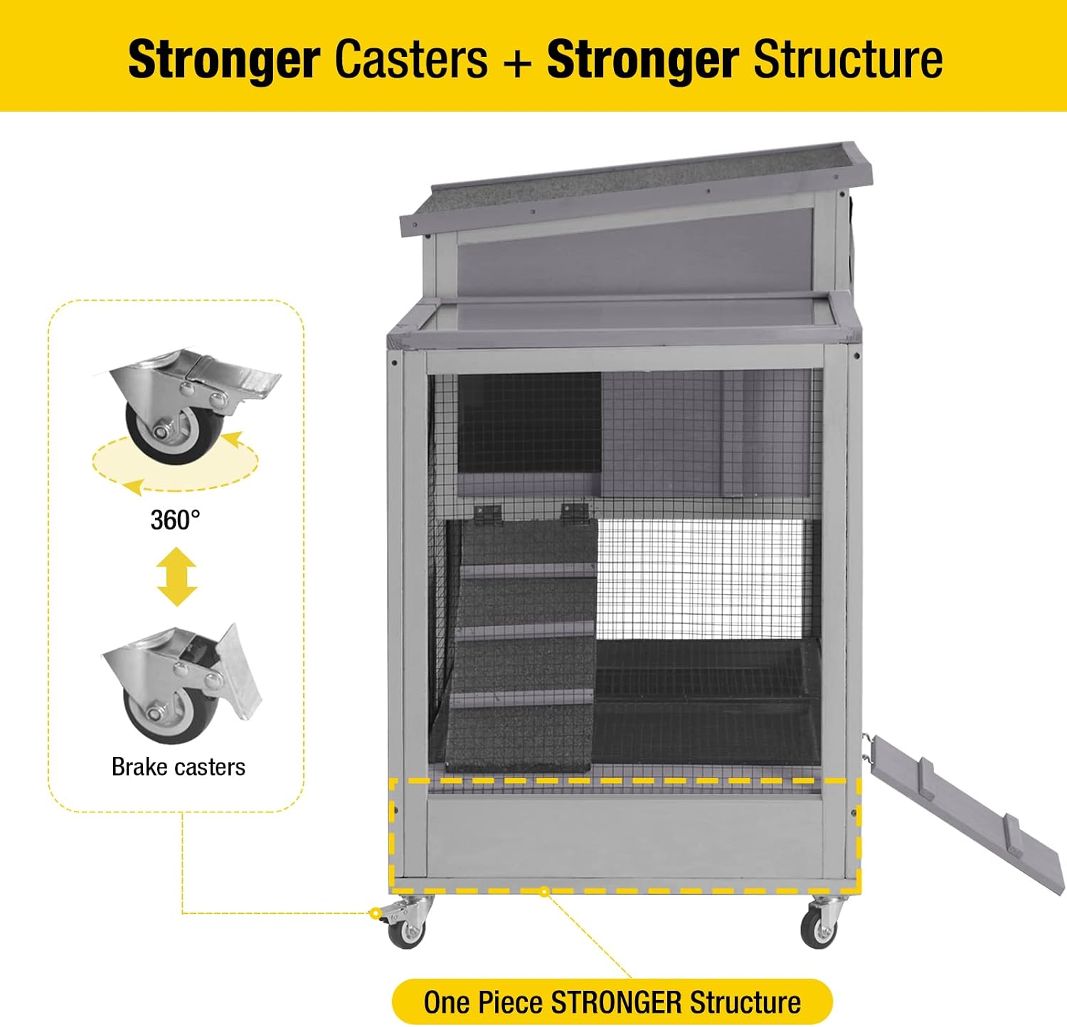 Aivituvin Rabbit Hutch, Indoor Bunny Cage with Run Outdoor Rabbit House with Two Deeper No Leak Trays - 4 Casters Include (Grey)