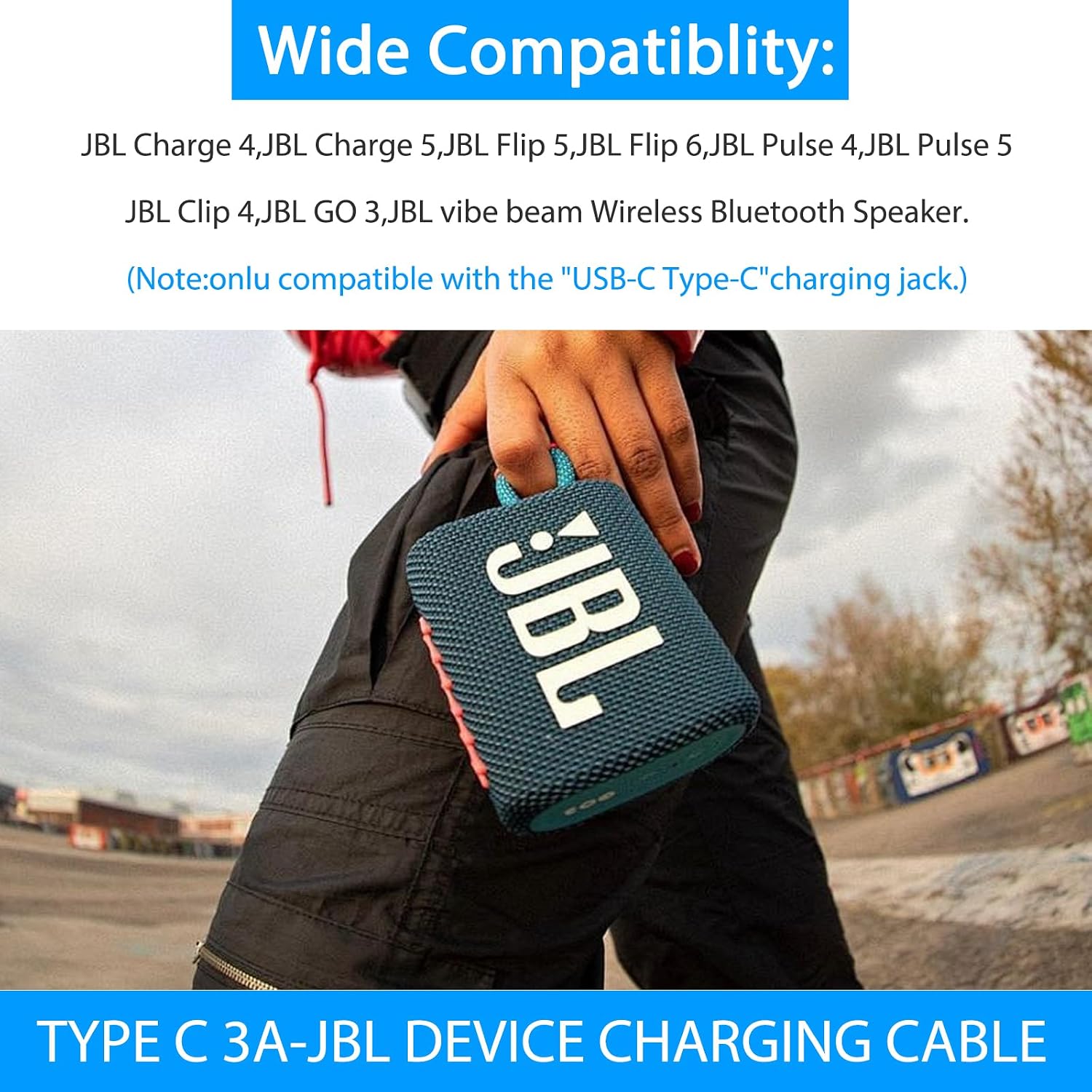 Fast USB C Charger for JBL Charge 4, Charge 5, Flip-5, Pulse-4, Jr-Pop, Clip-4, GO-3, Extreme-3, Tuner-2