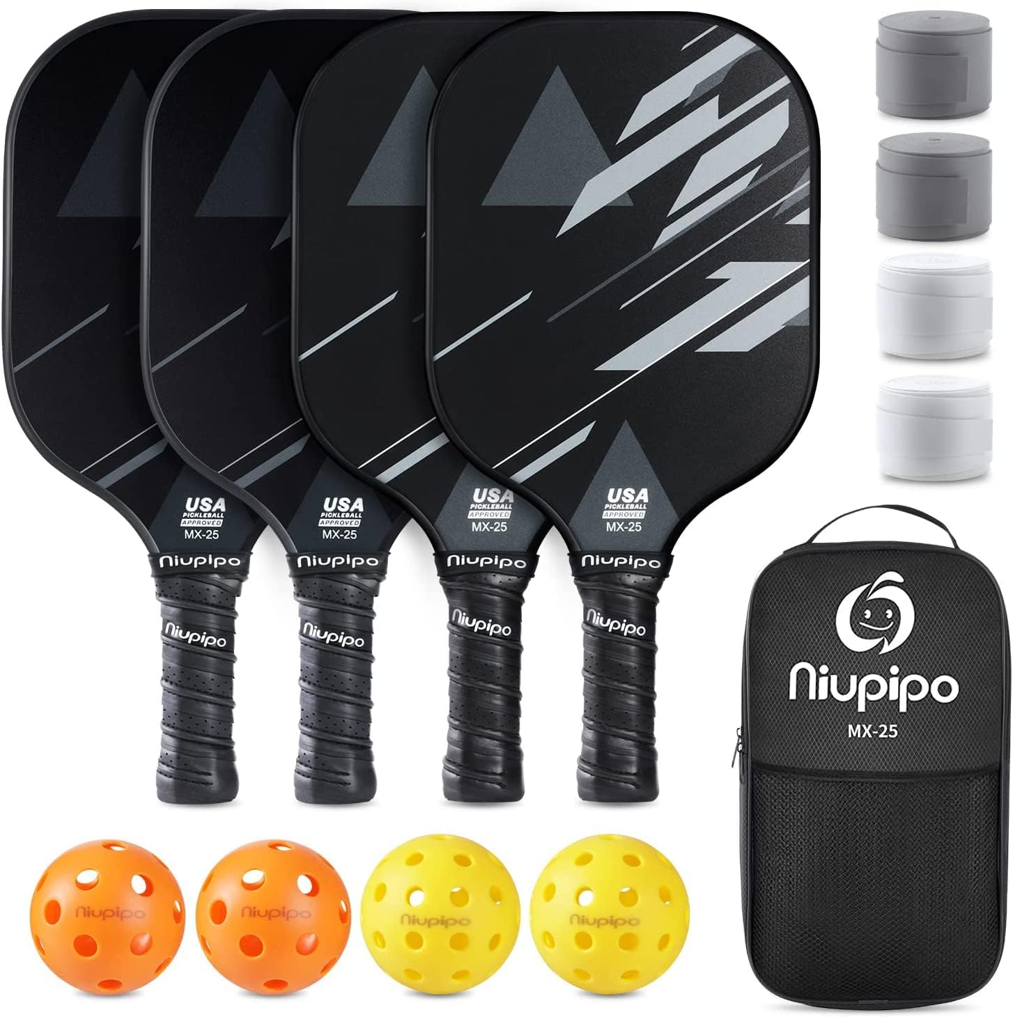 niupipo Pickleball Paddles Set of 2 or 4, USAPA Approved Fiberglass Pickleball Paddle Set with Balls and Bag, Polypropylene Honeycomb Core