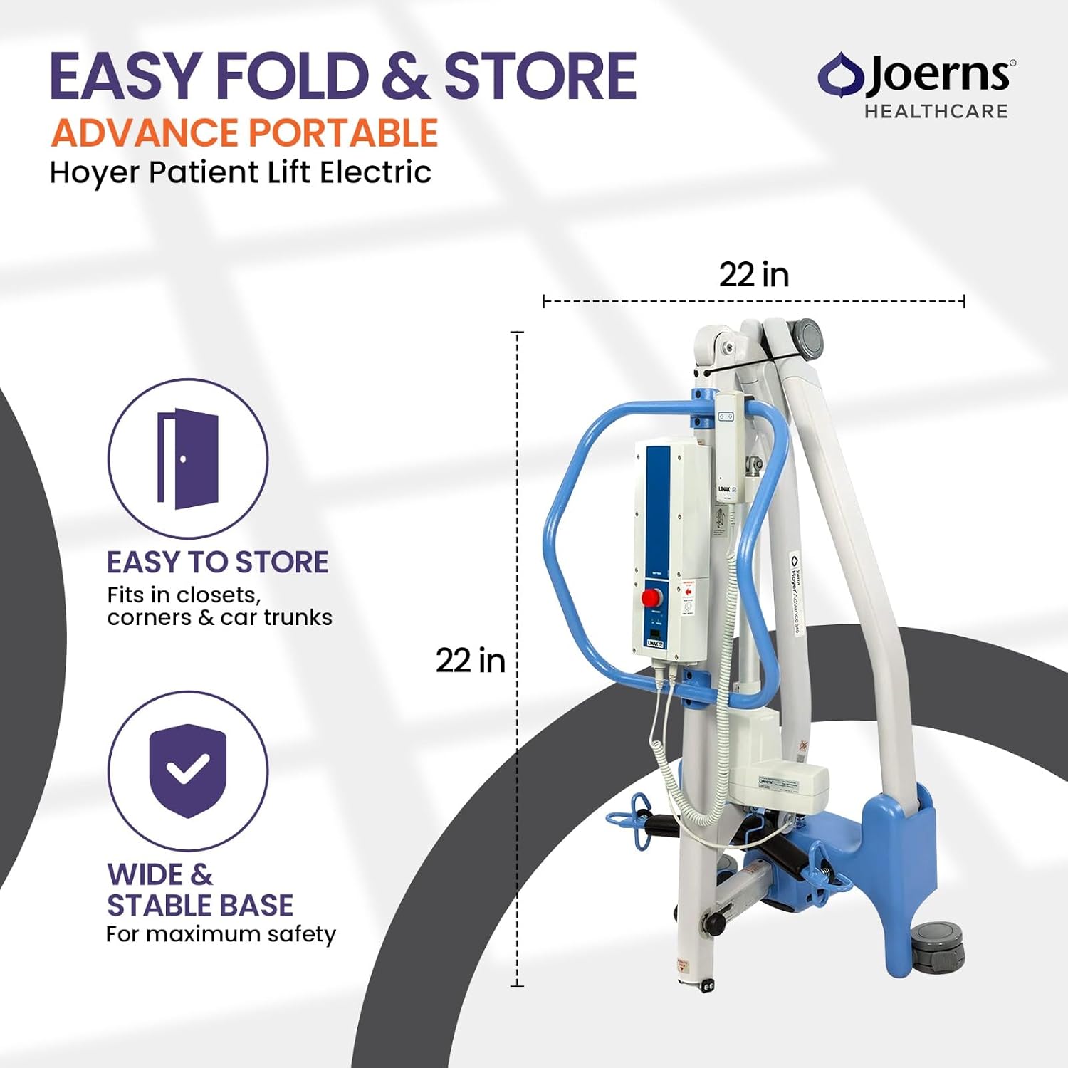 Joerns Hoyer Advance Electric Portable Patient Lift - Foldable Lightweight 70 lbs, 340 lb Capacity, Battery Powered for Home Care