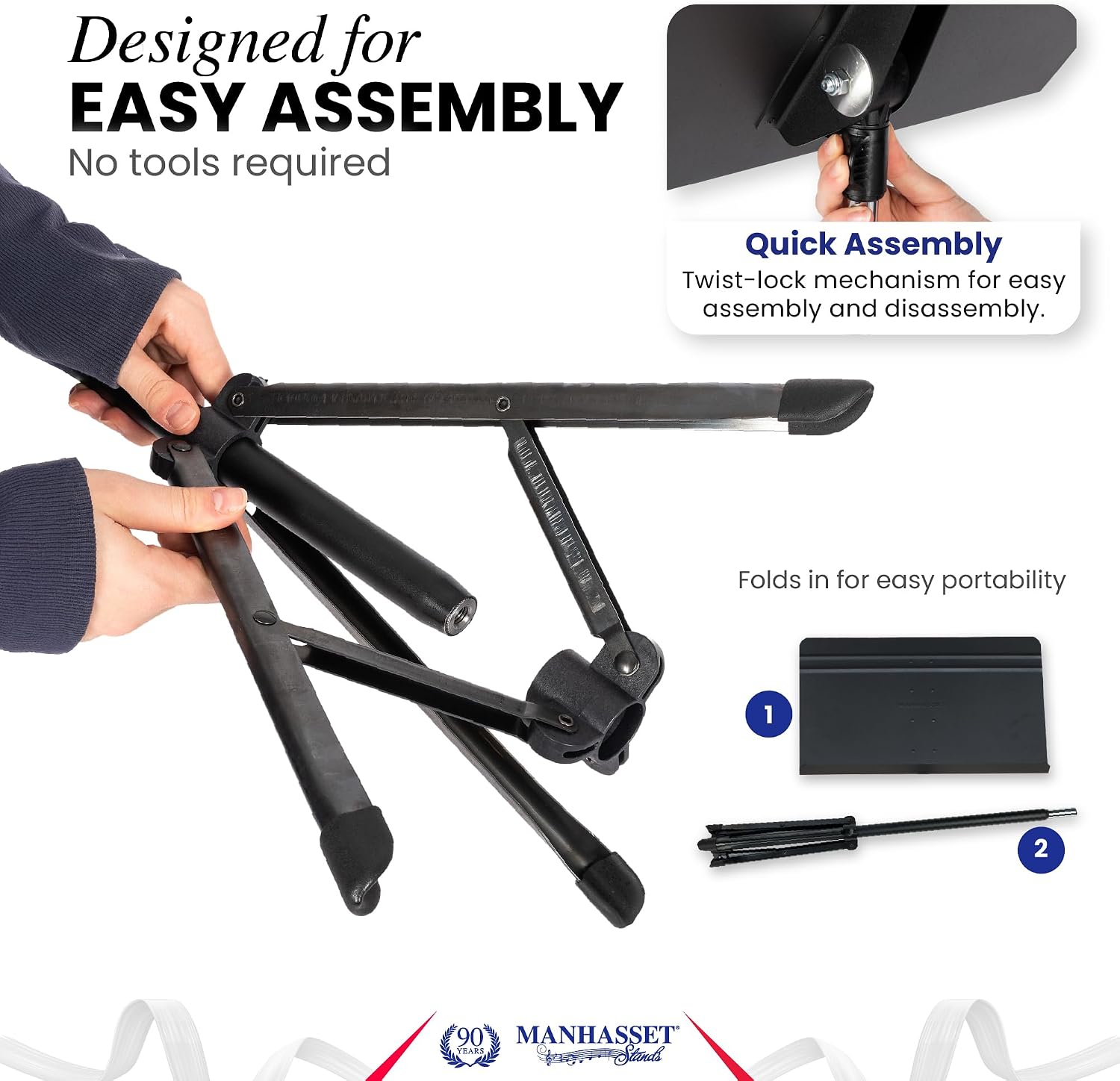 Manhasset Voyager Portable Music Stand For Sheet Music - Quick Assembly Folding Stand with Retractable Legs