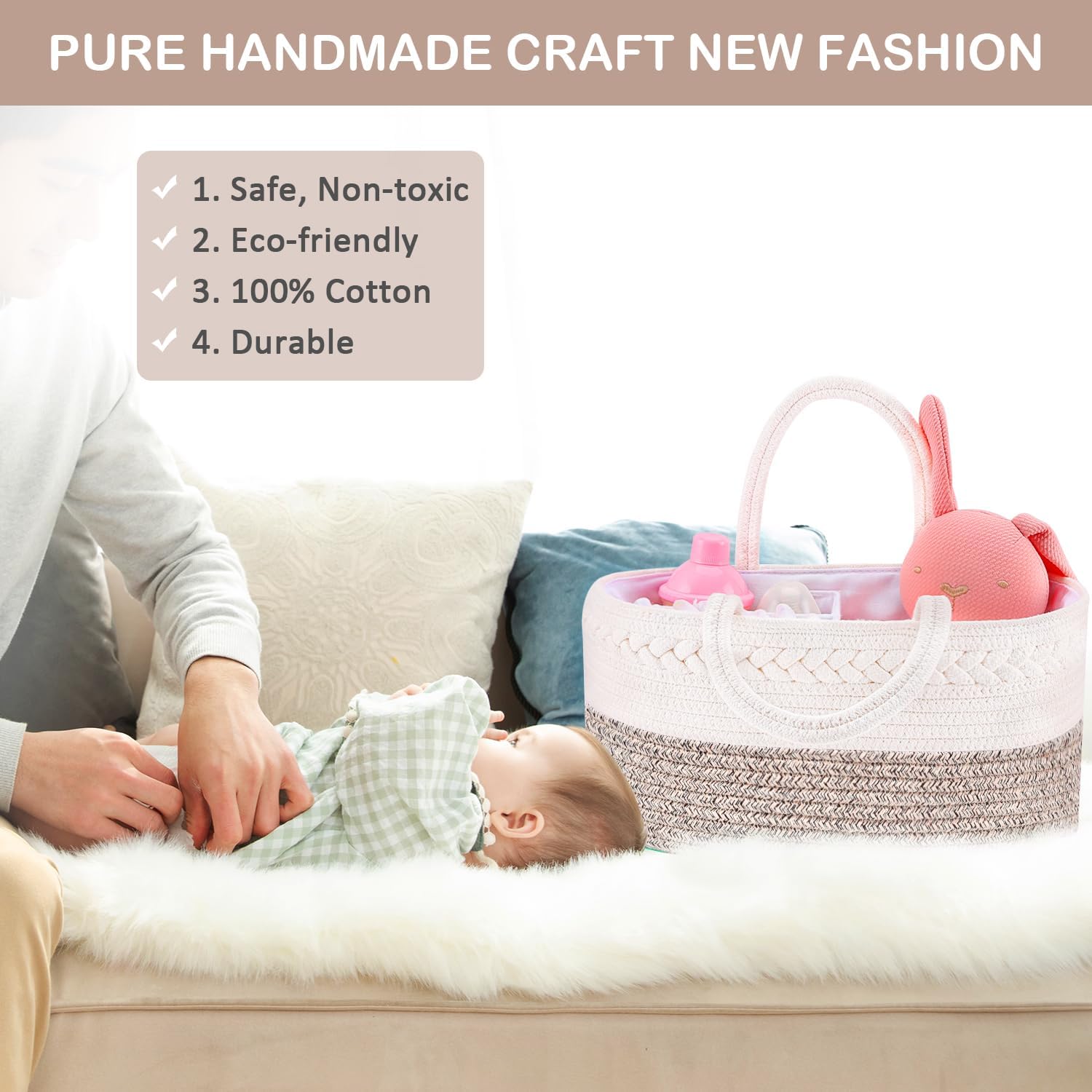 ABenkle Baby Diaper Caddy, Nursery Storage Bin and Car Organizer for Diapers and Baby Wipes, Cotton Rope Diaper Basket Caddy