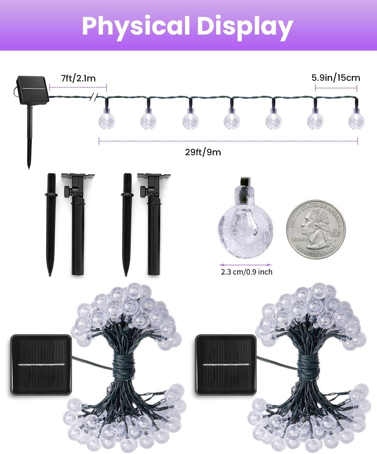 Brightown Solar String Lights Outdoor 60 Led 35.6 Feet Crystal Globe Lights with 8 Lighting Modes