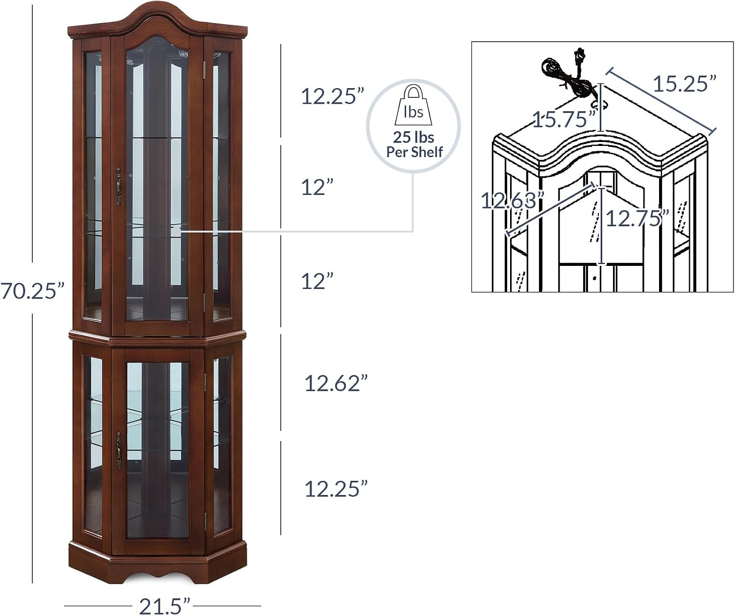 BELLEZE Lighted Corner Display Curved Top Curio Cabinet Wooden Shelving Unit with Tempered Glass Door