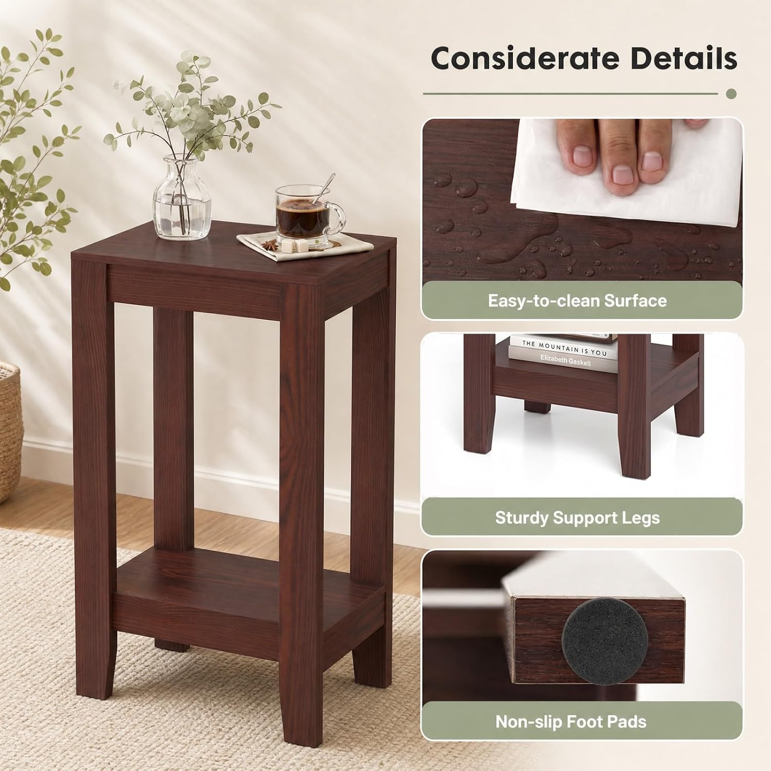 Giantex 2-Tier End Table Nightstand, Bedside Sofa Table for Living Room Bedroom, Narrow Telephone Table with Shelf and Legs for Small Spaces, Espresso