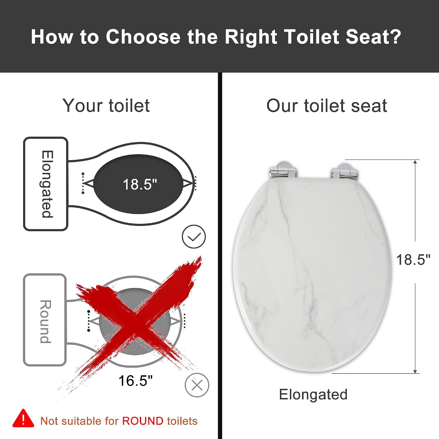 Angel Shield Marble Toilet Seat Durable Molded Wood with Quiet Close,Easy Clean，Quick-Release Hinges (Elongated,Black Marble)