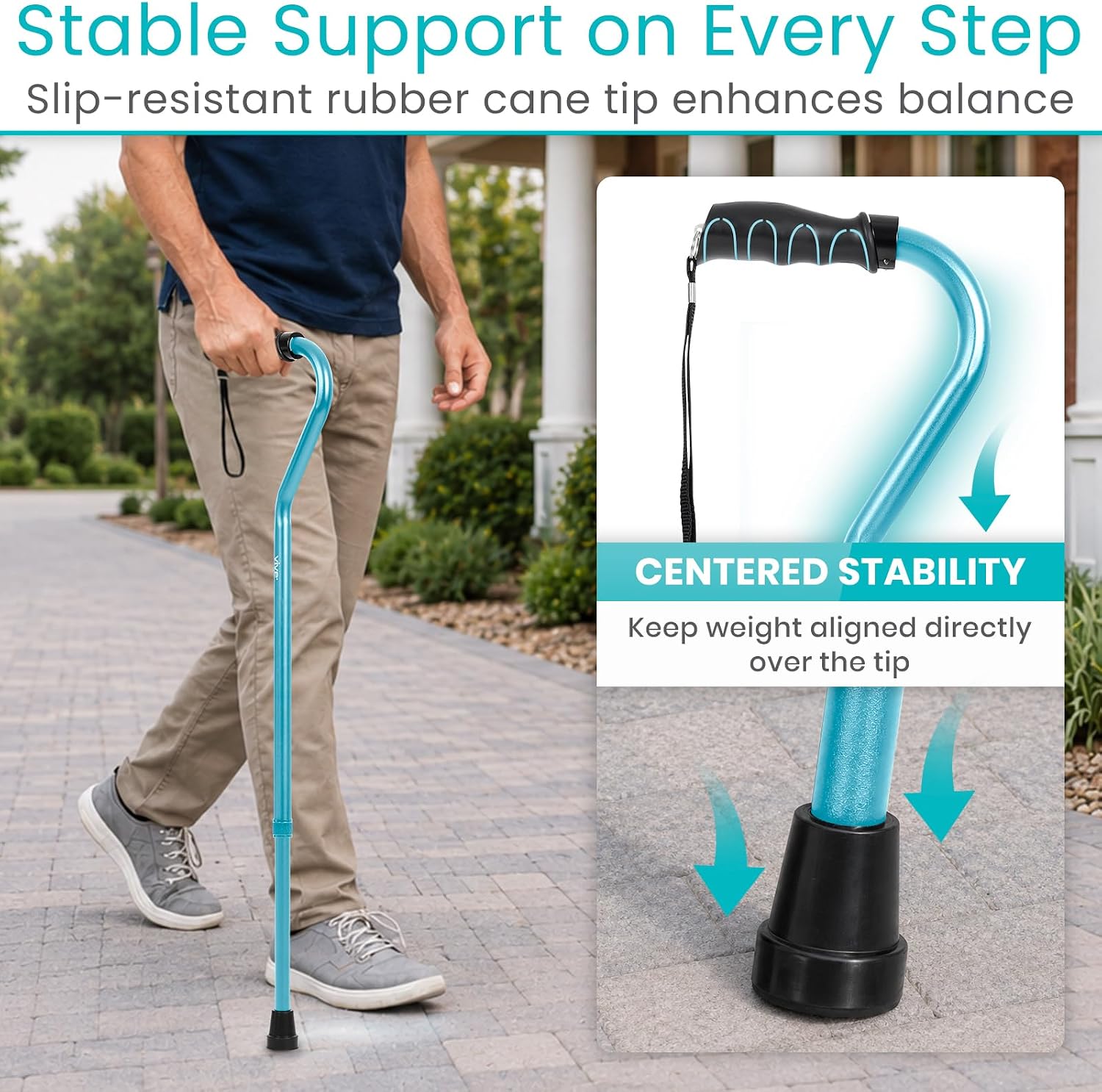 Vive Walking Cane for Women, Men, Elderly - Patented Offset Grip - Lightweight Adjustable Walking Aid with a Non-Slip Tip - Sturdy Balancing Mobility Aid for Seniors