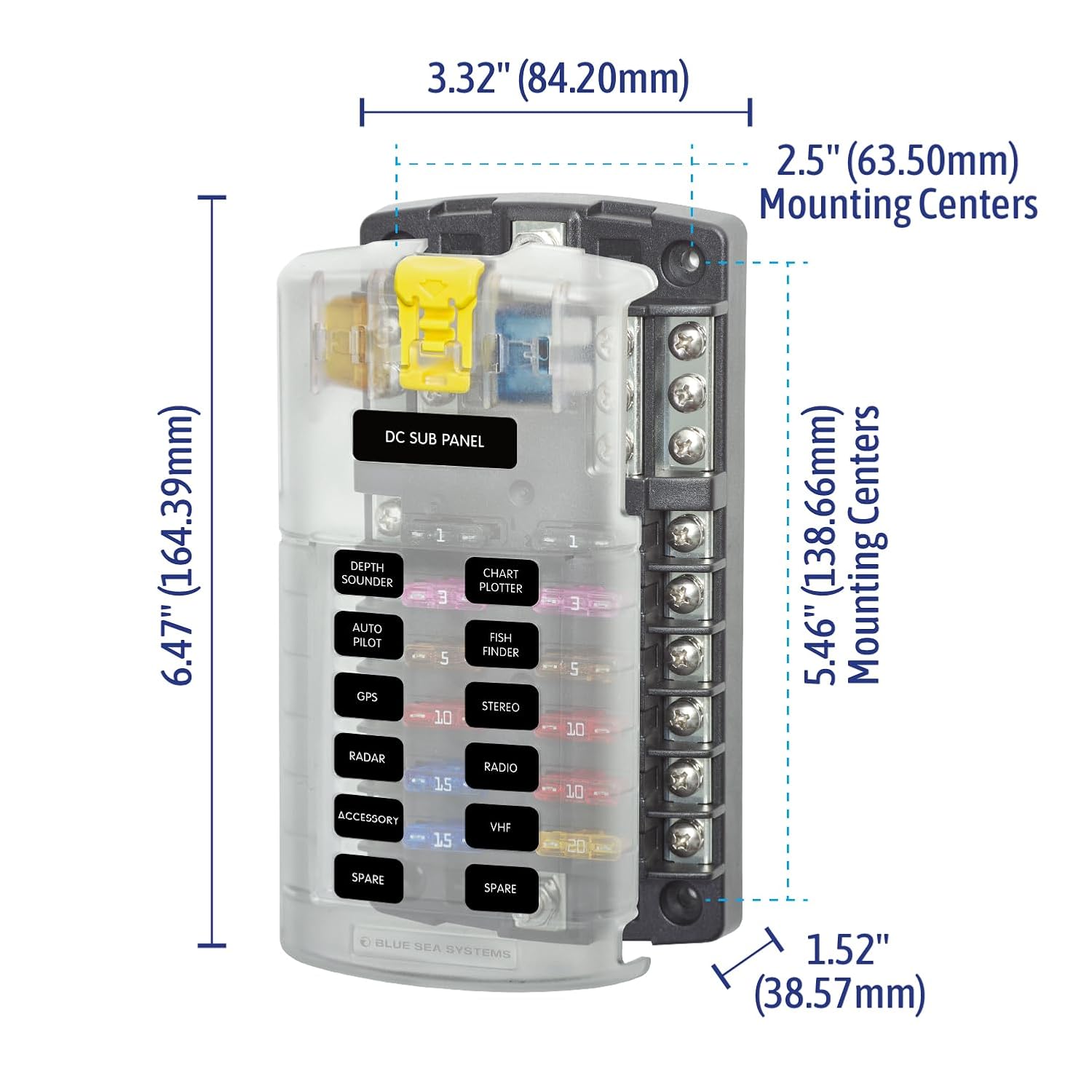 Blue Sea Systems ST Blade Fuse Block 6 Way Circuits with Negative Bus and Cover, 100 Amps, 5025