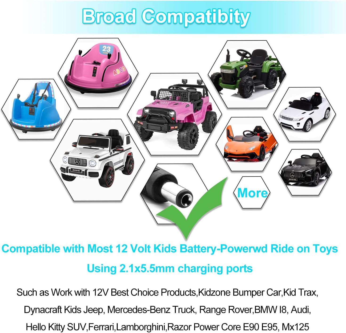 FLHFULIHUA 12 Volt Battery Charger for Kids Ride on Toys - Universal Charger for Best Choice Products Wrangler SUV，Kid Trax Dynacraft ，Kidzone