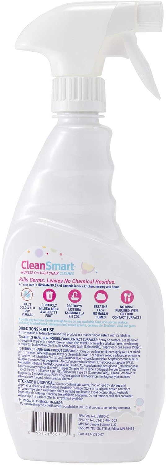 CleanSmart Nursery & High Chair Cleaner, Hypochlorous Acid, 23 oz (2 pack) | Naturally Kills 99.9% of Viruses like RSV and Flu, Zero Residue