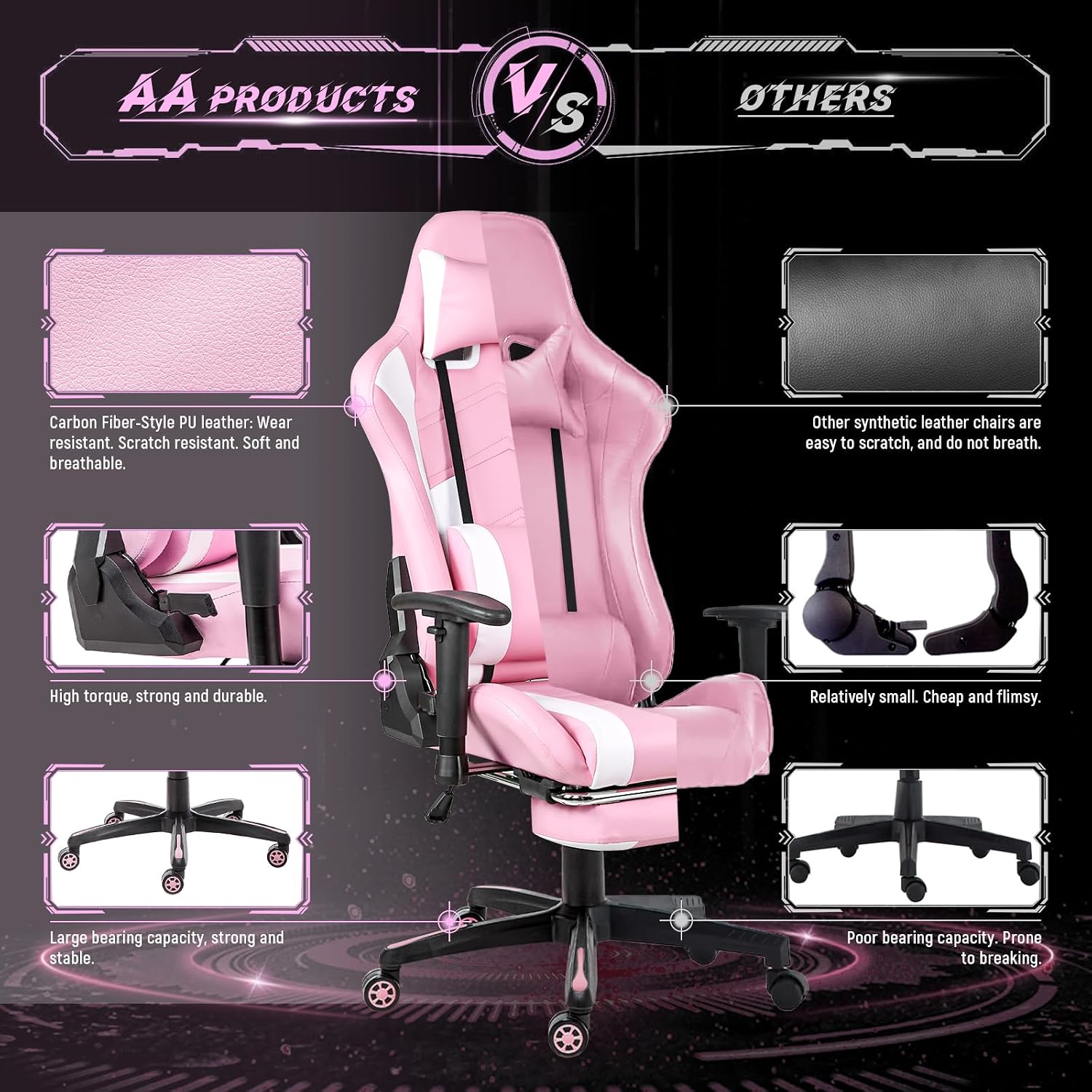 AA Products Gaming Chair Ergonomic High Back Computer Racing Chair Adjustable Office Chair with Footrest, Lumbar Support Swivel Chair - Black