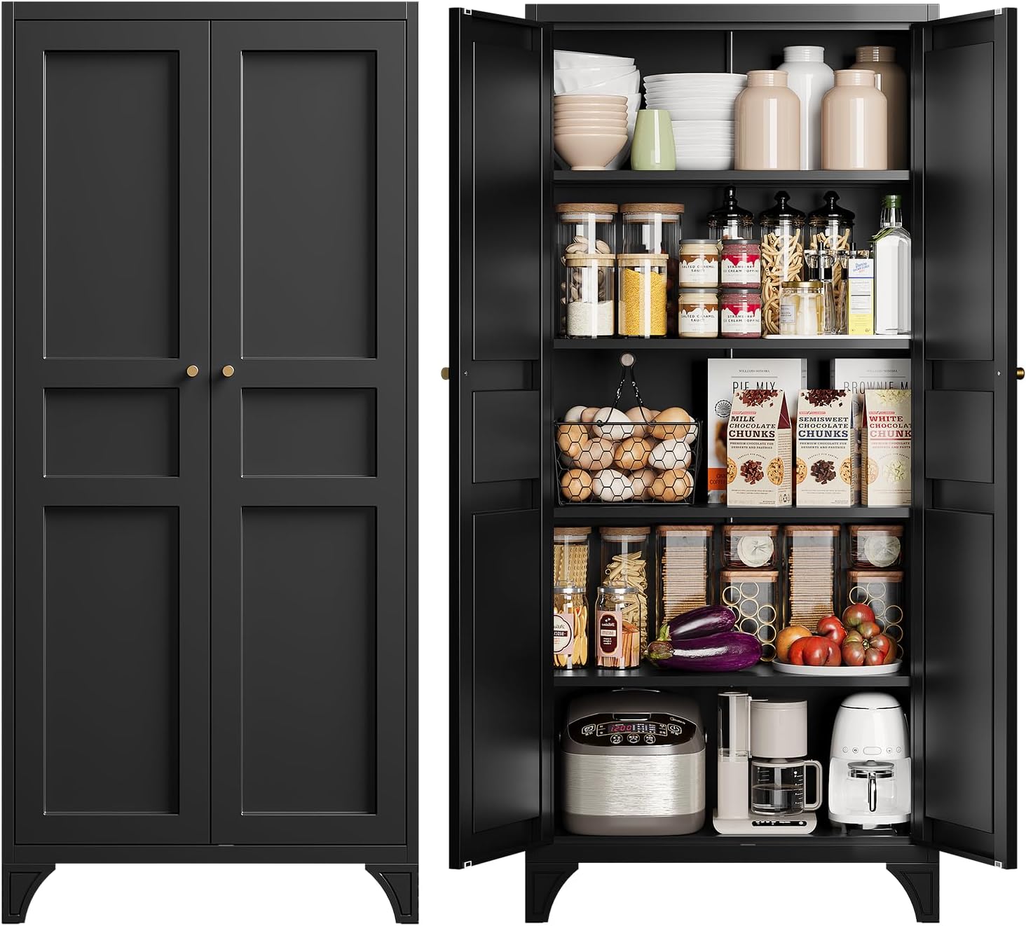 Metal Storage Cabinet with 2 Doors and 4 Adjustable Shelves - 61" White Kitchen Pantry Storage 5-Tier Tall Steel Cabinets Locker for Kitchen, Living Room, Dining Room
