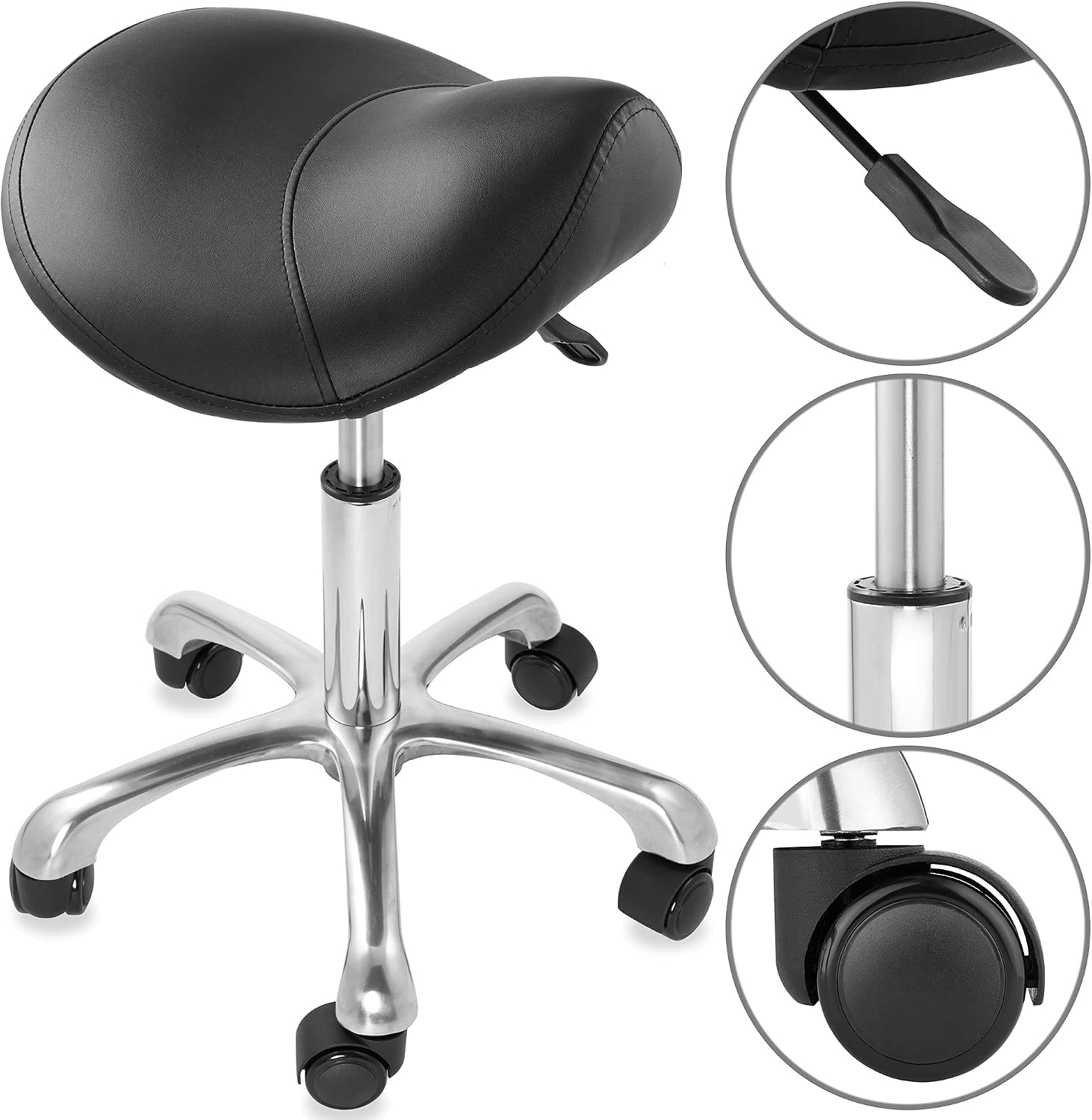 Saloniture Professional Ergonomic Saddle Stool, Black - Adjustable Hydraulic Seat, Rolling Spa Salon, Massage