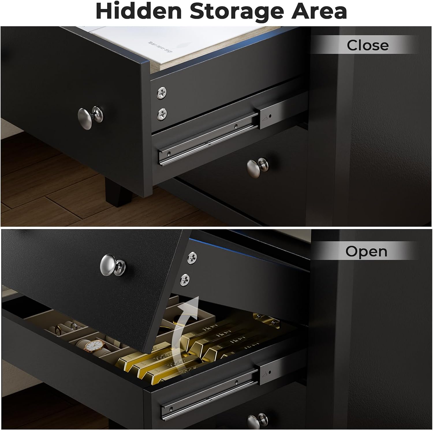 Black Nightstand with Gun Drawer, Night Stand with Charging Station & LED Lights, Bedside Table with Tray & 2 Drawers, End Side Table with Hidden Compartment for Valuables Storage