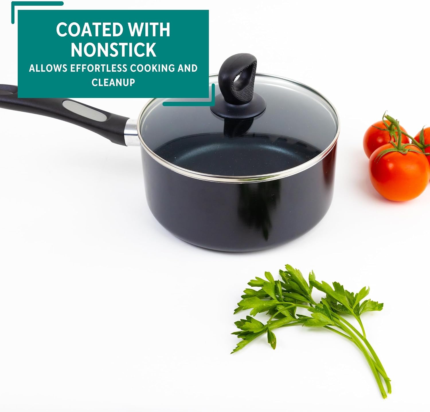 Mirro A79721 Get A Grip Aluminum Nonstick Sauce Pan with Glass Lid Cover Cookware, 1-Quart, Black -