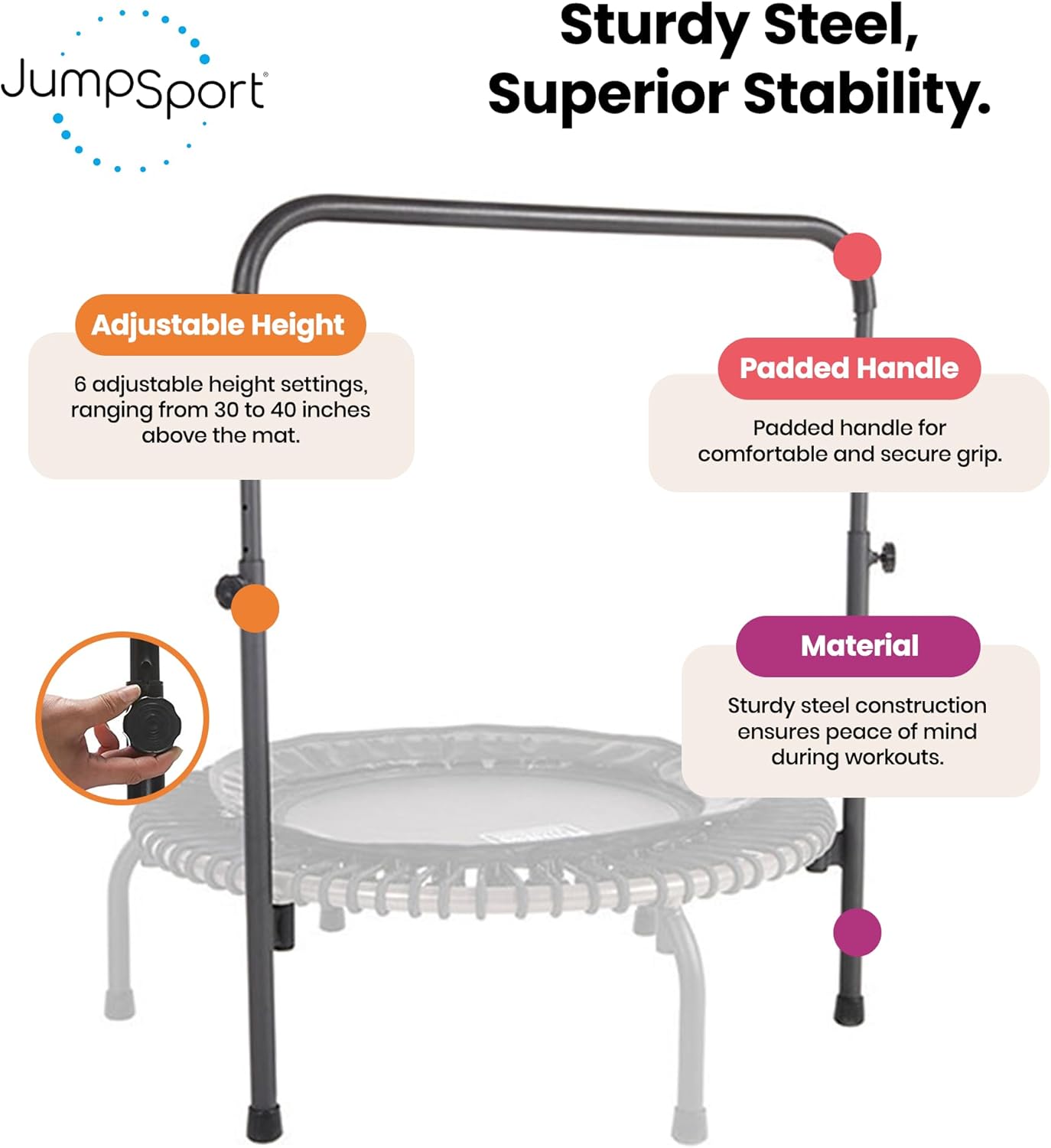 JumpSport Handle Bar Accessory for Arched Leg Fitness Trampolines, Bouncer, Rebounder Trampoline for Adults Indoor and Outdoor, Black
