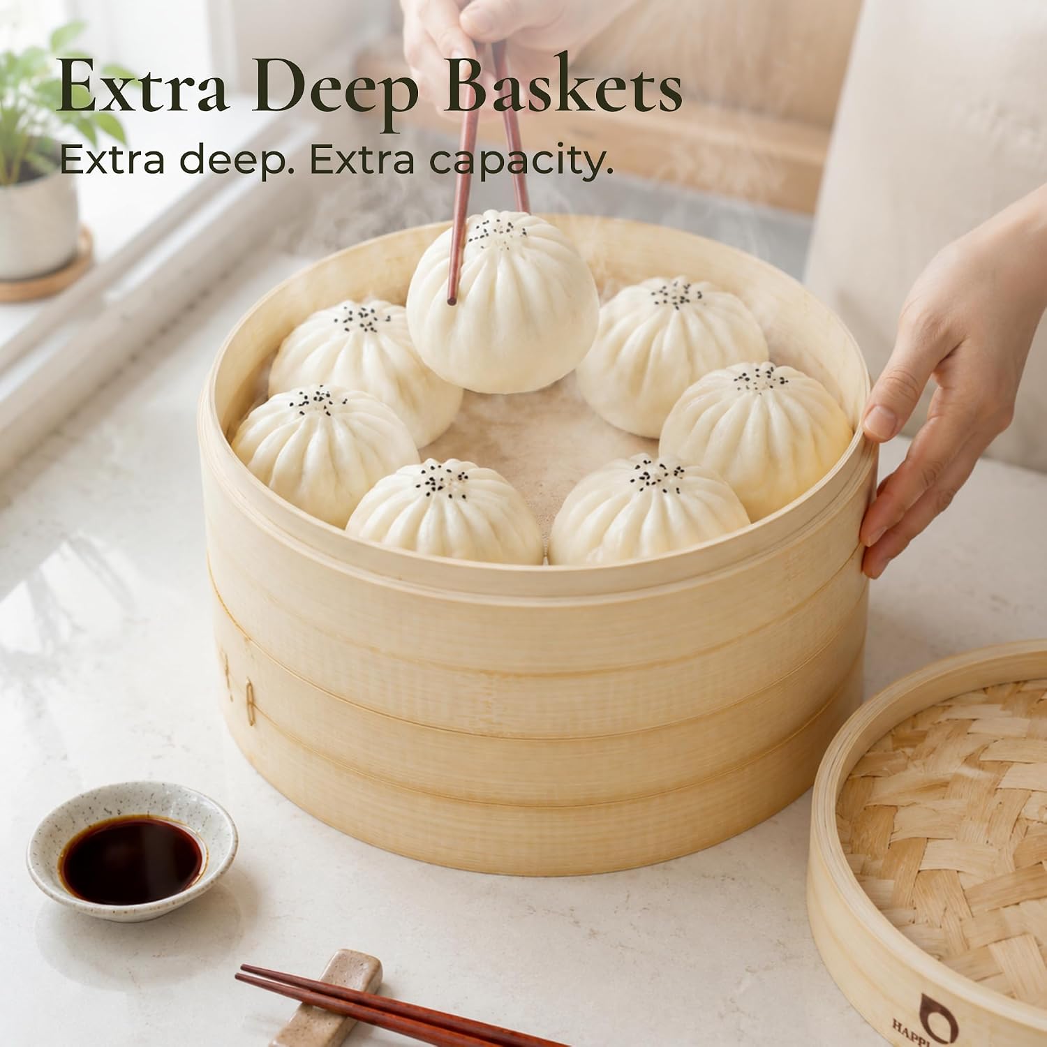 HAPPI STUDIO Bamboo Steamer Basket 10 Inch, Extra Deep Dumpling Steamer Set