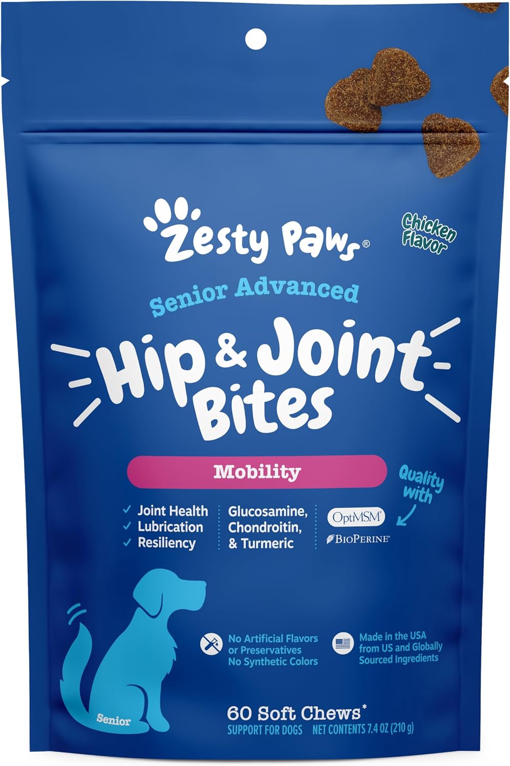 Zesty Paws Hip and Joint Supplement for Dogs - Glucosamine with Chondroitin, MSM, Vitamins C and E Dog Joint Relief - Mobility Bites Duck – 90 Count
