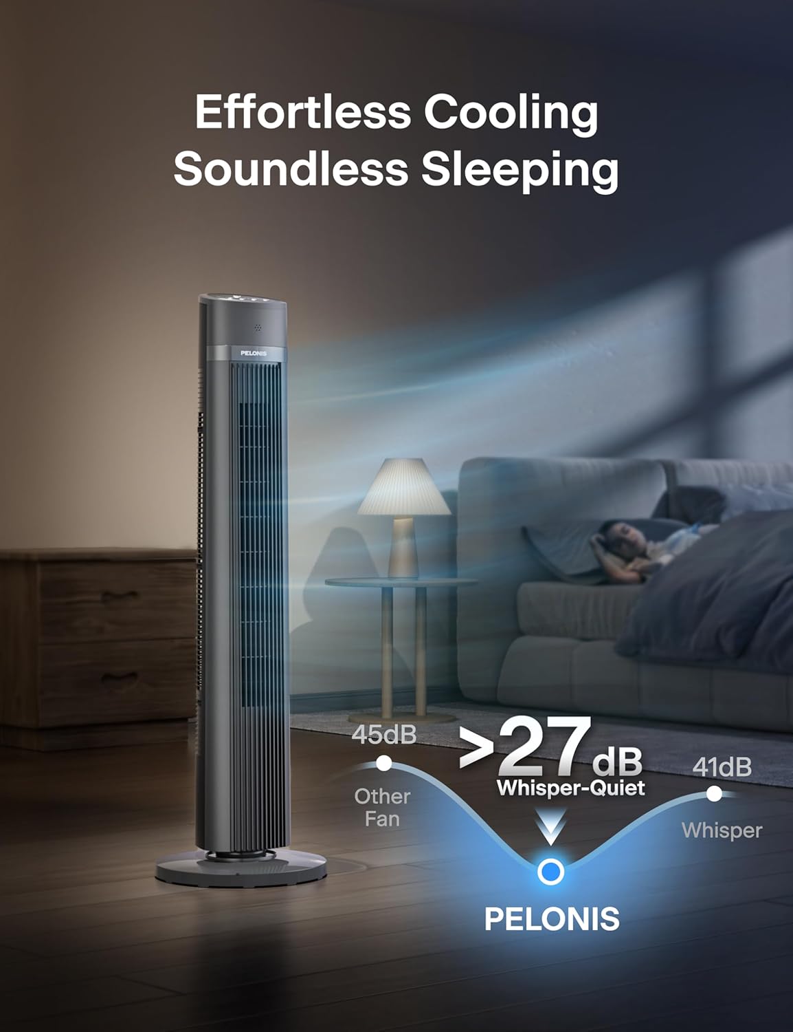 PELONIS 40-inch Bladeless Tower Fan for Bedroom, Standing Fan with Remote Control, 26ft/s, 90° Oscillation, 3 Speed Settings, 27 dB, 3 Modes