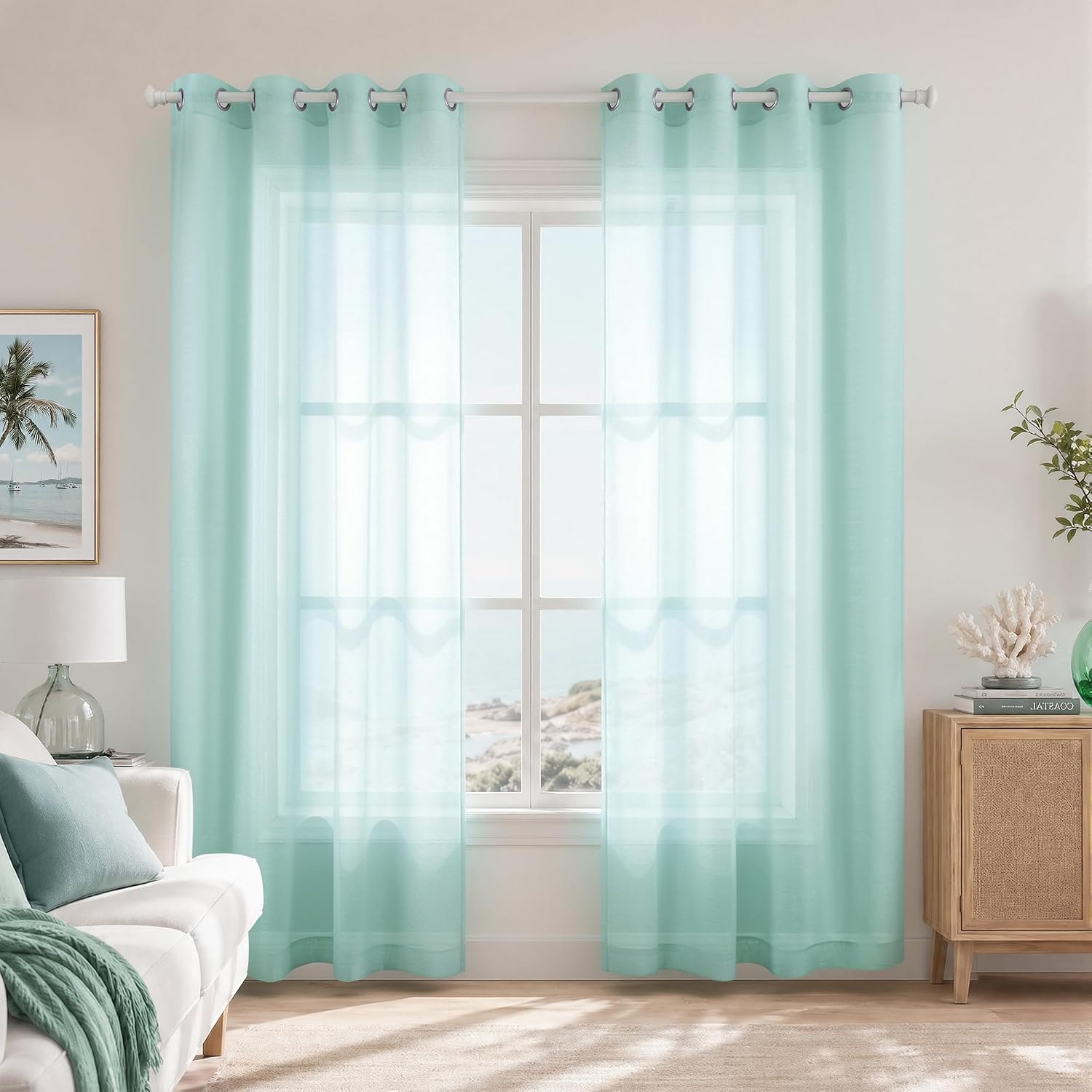 KOUFALL White Sheer Curtains 72 Inches Long for Bedroom Set of 2 Panels Grommet Faux Linen Window Voile Semi Baisc Decorative Sheer Curtains for