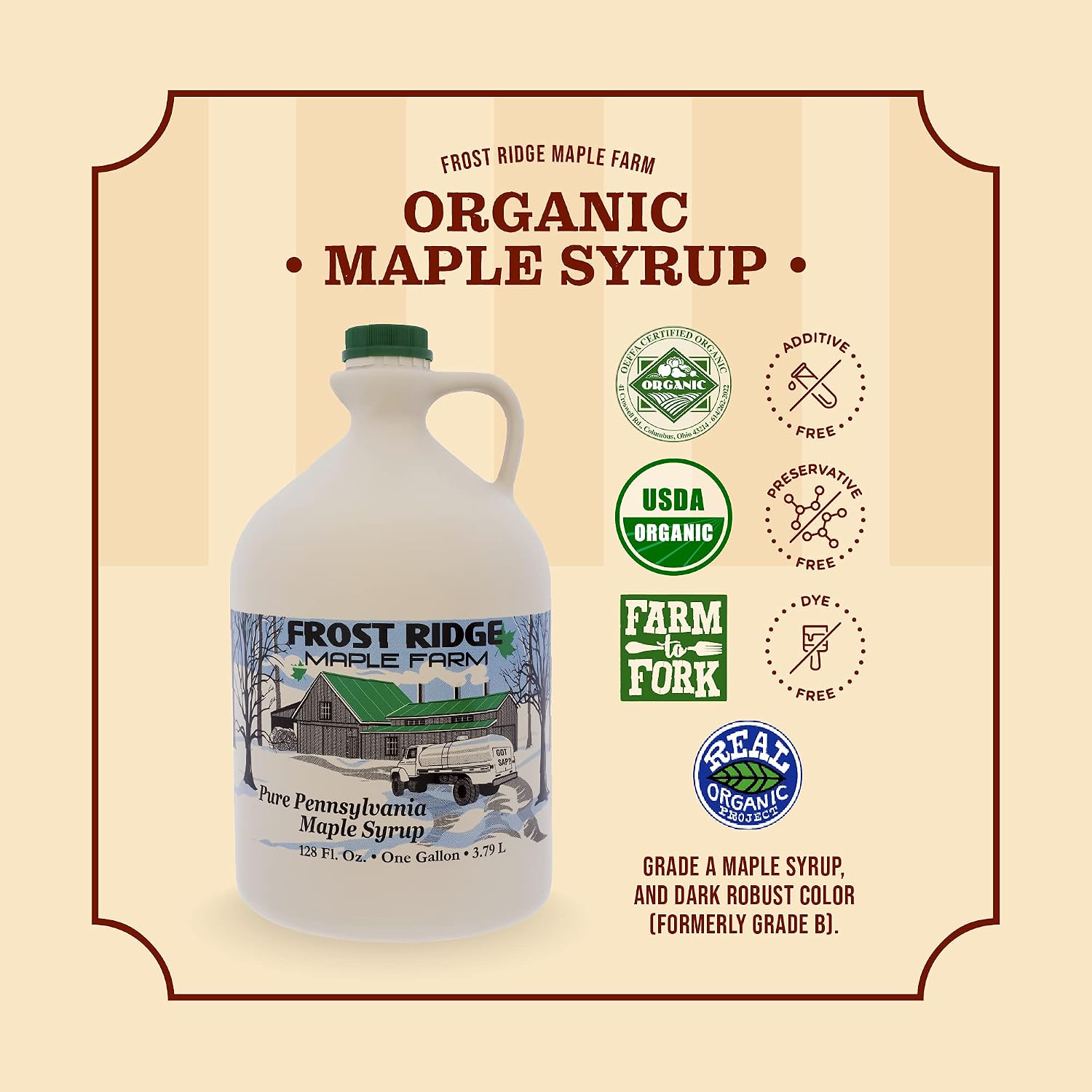 Frost Ridge Maple Farm, Organic Maple Syrup, Grade A, Gallon (128 FL Oz), Dark Robust (formerly Grade B)