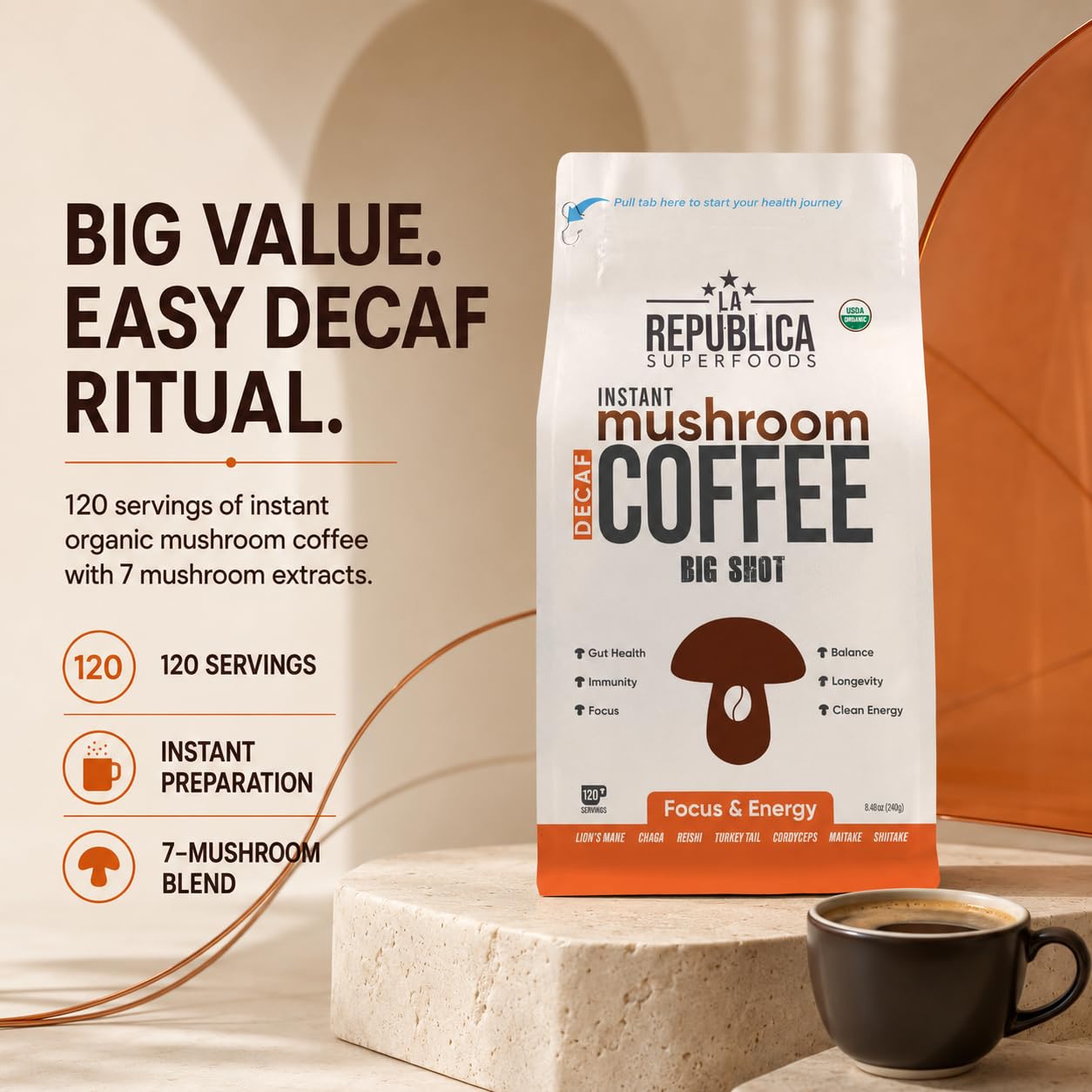 La Republica DECAF Organic Mushroom Coffee (35 Servings) with 7 Superfood Shrooms, Great Tasting Instant Mix Includes Lion's Mane, Reishi, Chaga, Cordyceps, Shiitake, Maitake, and Turkey Tail (Decaffeinated)