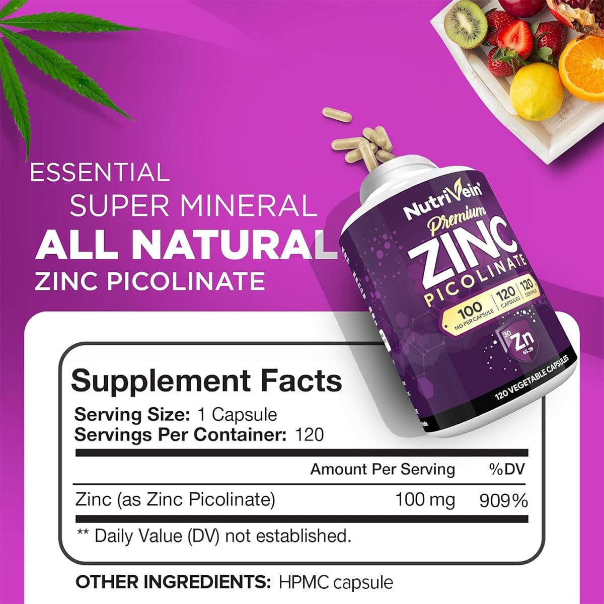 Nutrivein Zinc Picolinate 100 mg Supplement - 120 Capsules, High Absorption