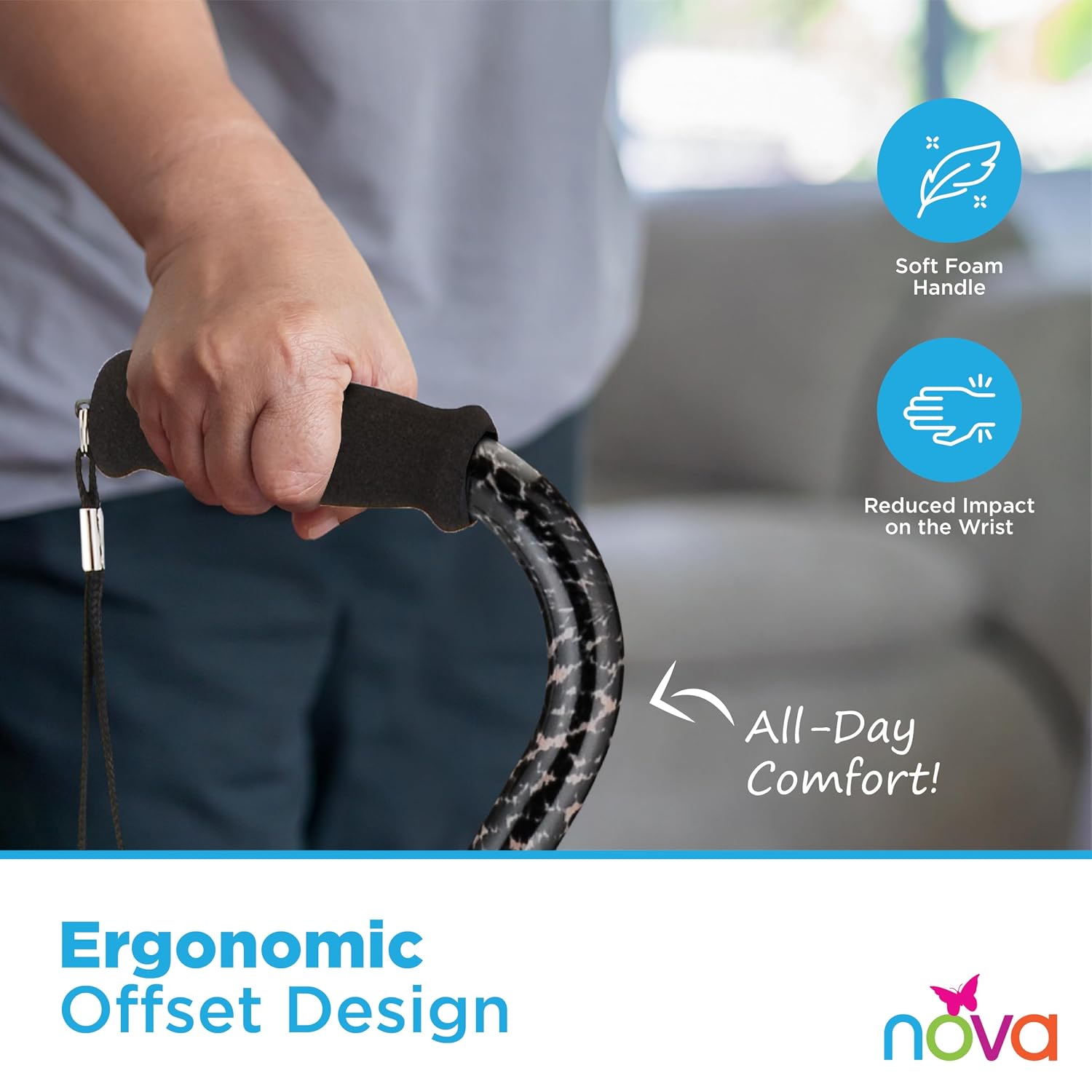 Nova Joy Designer Offset Quad Cane for Seniors - Unisex Adjustable Lightweight Walking Aid with Foam Handle, Wrist Strap and Anti-Rattle Lock - Essential Mobility Support - Maui Flowers