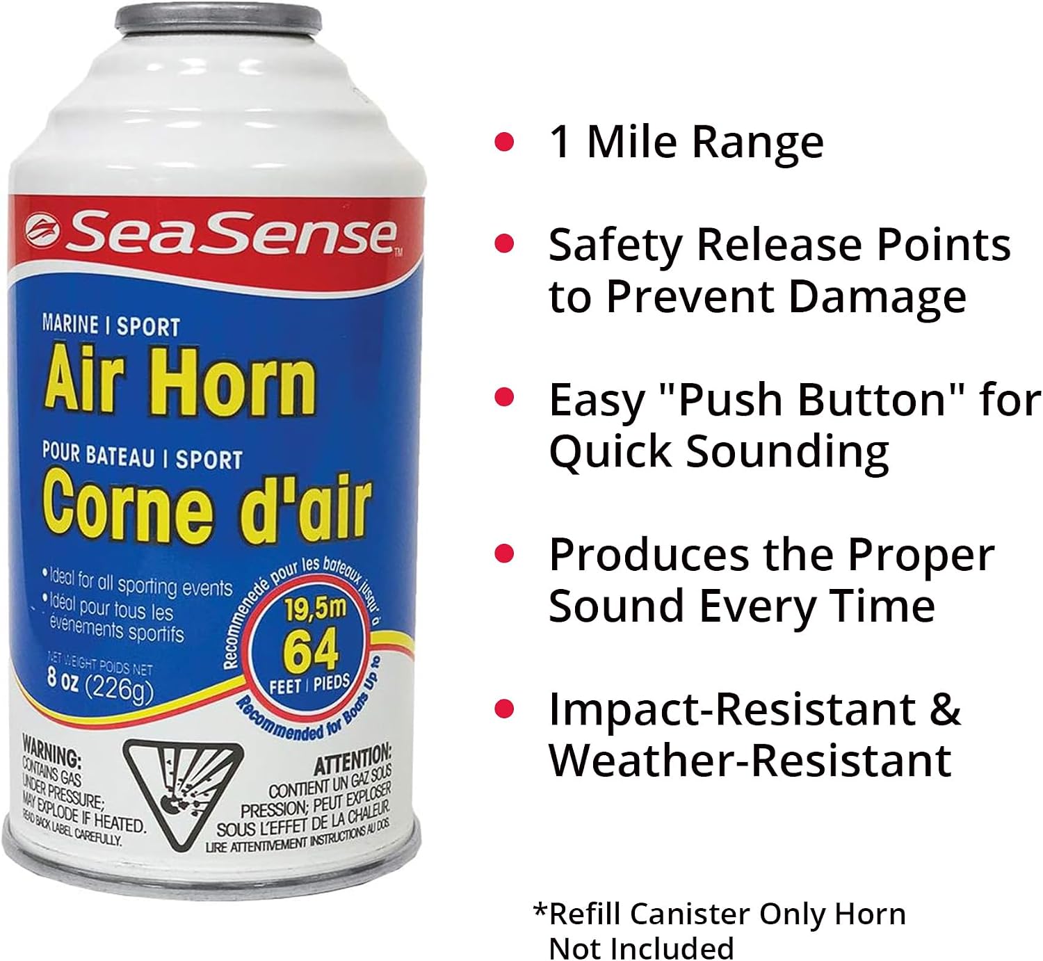 SeaSense Air Horn Refill – Jumbo Size (8 oz), 127 dB (Horn Not Included) – Loud 1 Mile Range