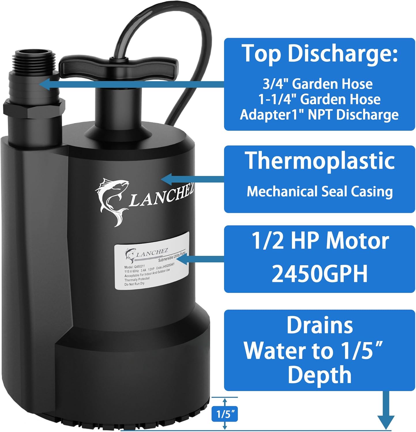 Lanchez Sump Pump, 1/2 HP 2450GPH Submersible Water Pump
