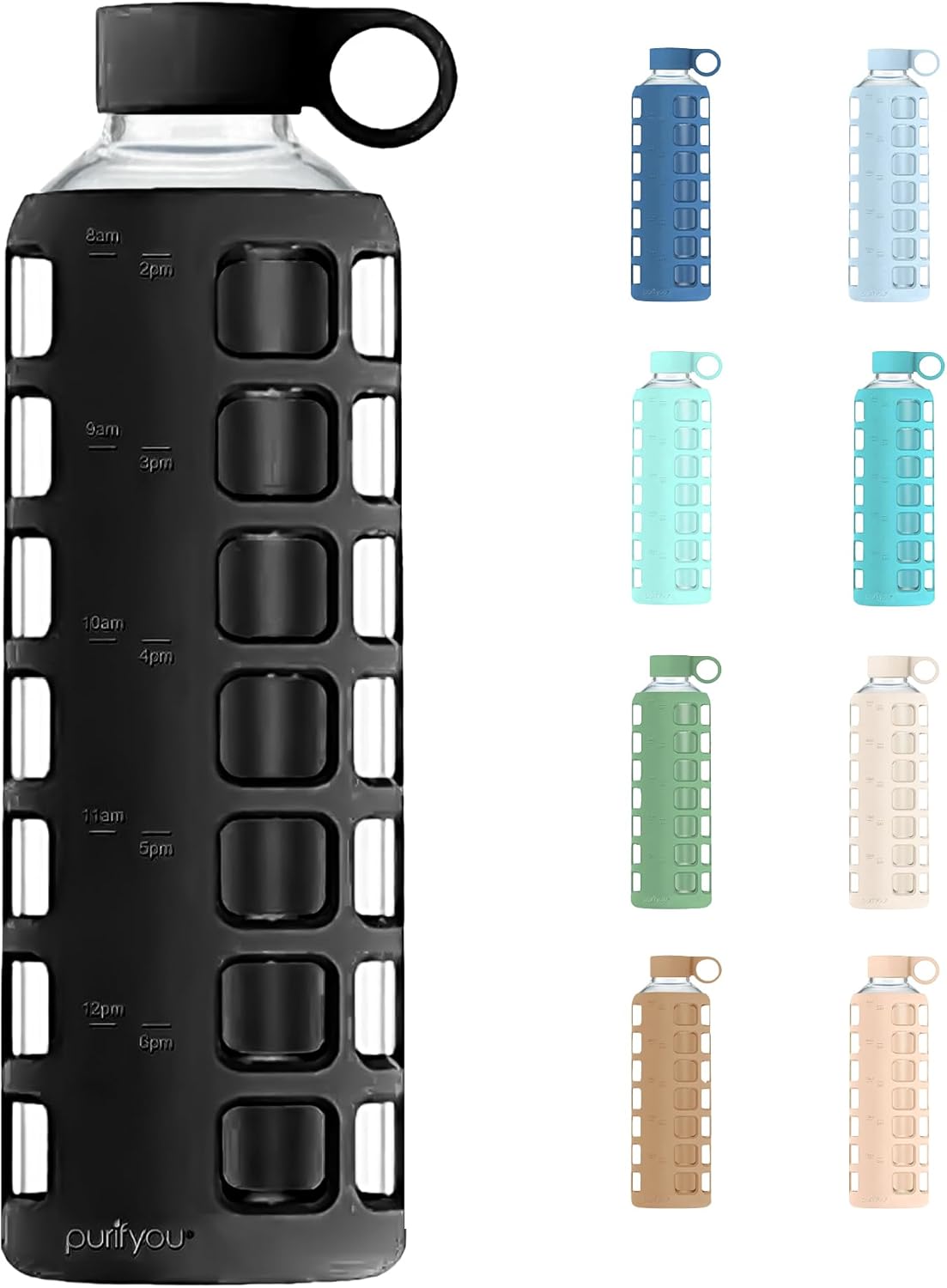 purifyou 40oz / 32oz / 22oz / 12oz Borosilicate Glass Water Bottle with Time & Volume Markers, Silicone Sleeve