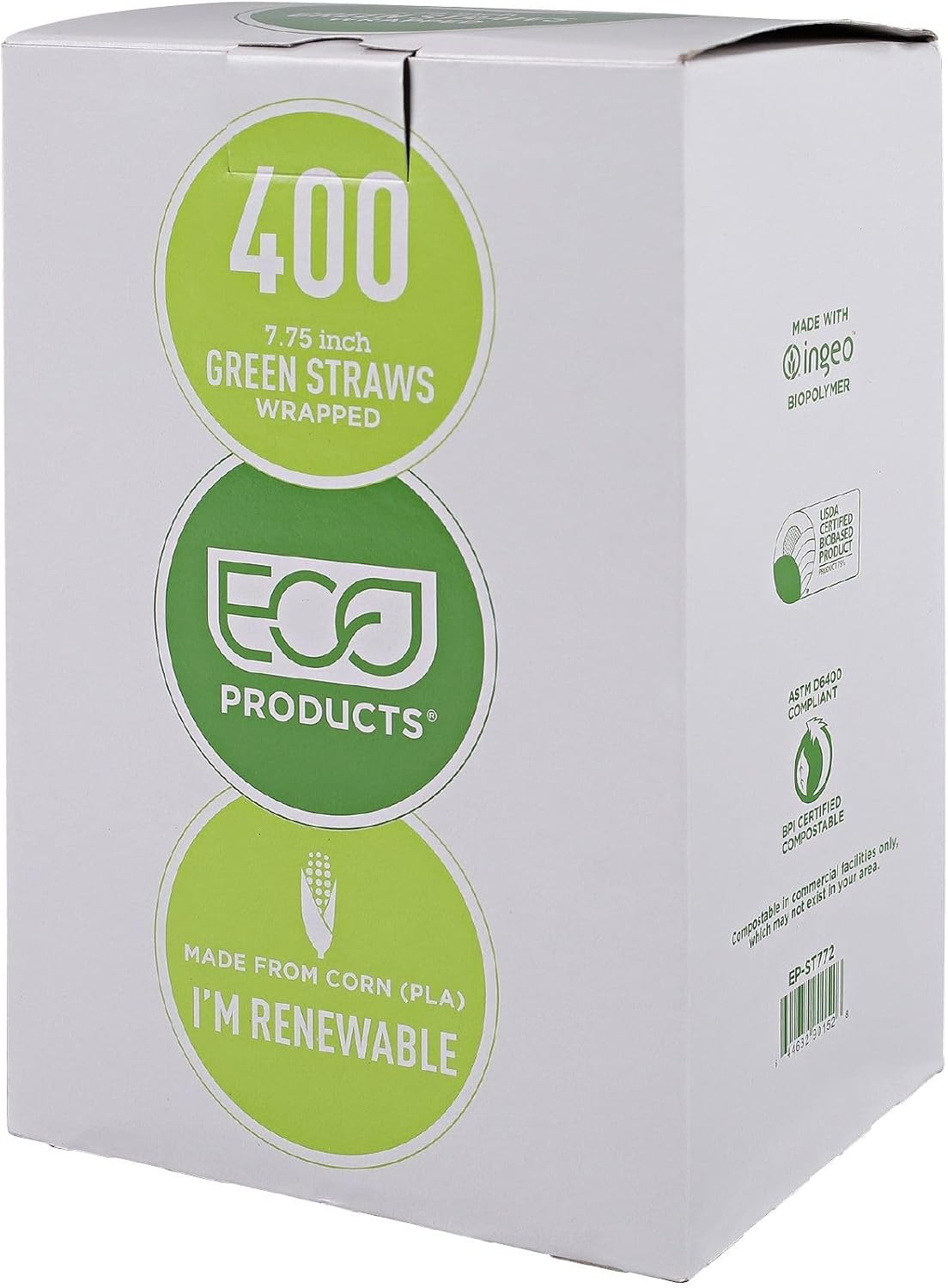 Eco-Products Compostable Paper Wrapped Plastic Straws, 7.75" Long, 5mm Diameter, Case of 9600, Green Disposable Plant Based PLA Plastic