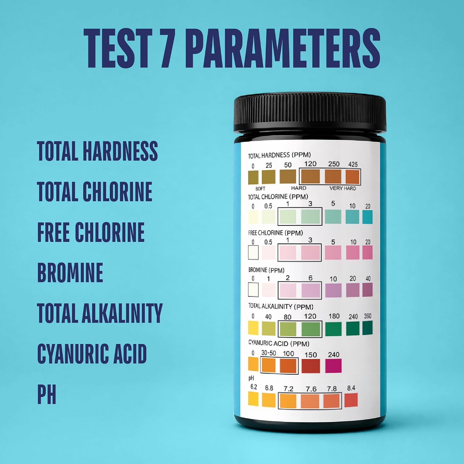 Pool Test Strips for Pools and Spas - 7 in 1 Water Test 100 Pack | Includes 100 pool test strips that measure chlorine, bromine, pH, alkalinity, hardness and cyanuric acid in 30 seconds.