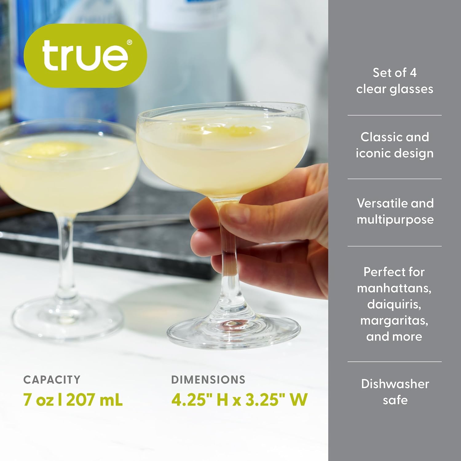 True Coupe Glass, Martini Glasses for Cocktail Party, Perfect for Espresso Martini, Manhattan, Champagne, Elegant 7 oz Glassware for Home Bars