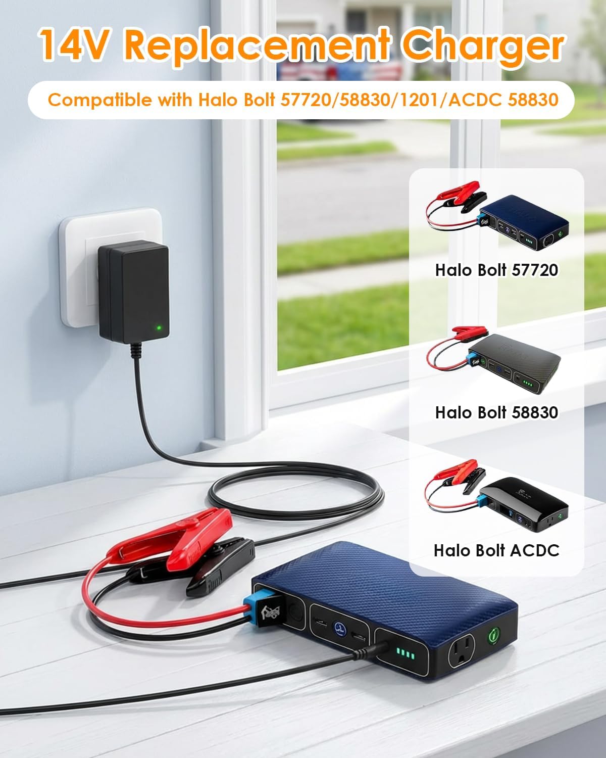 14V Charger for Halo Bolt Car Jump Starter Compatible with Halo Bolt 57720, 58830, 1201