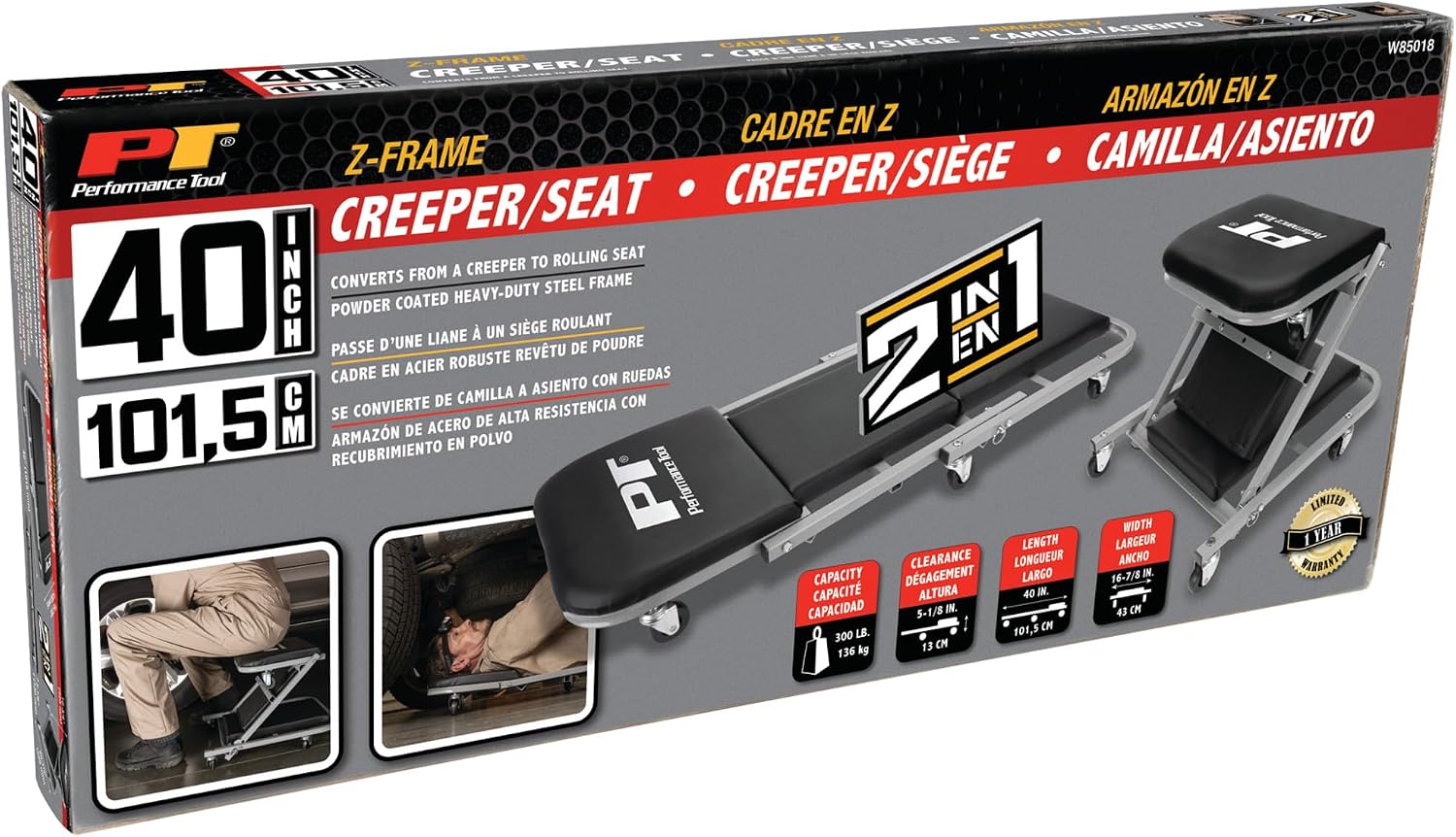Performance Tool W85014 38 in. Low-Profile Automotive Mechanics Creeper | Oversized x-frame low profile creeper with 2-inch extra cushion padding. 5-inch jumbo swivel casters. 300 lb. capacity