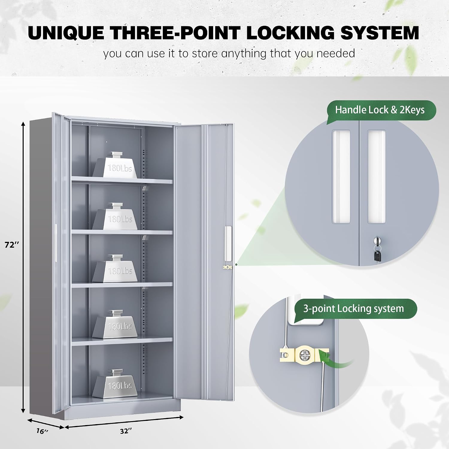 Greenvelly Steel SnapIt Storage Cabinet, 72" Locking Metal Garage Storage Cabinet with 4 Adjustable Shelves, 2 Doors and Lock for File, Office, Garage