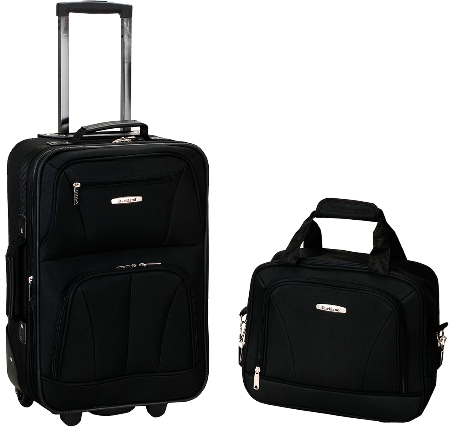 Rockland Fashion Softside Upright Luggage Set,Expandable, Telescopic Handle, Wheel, Black Dot, 2-Piece (14/19)