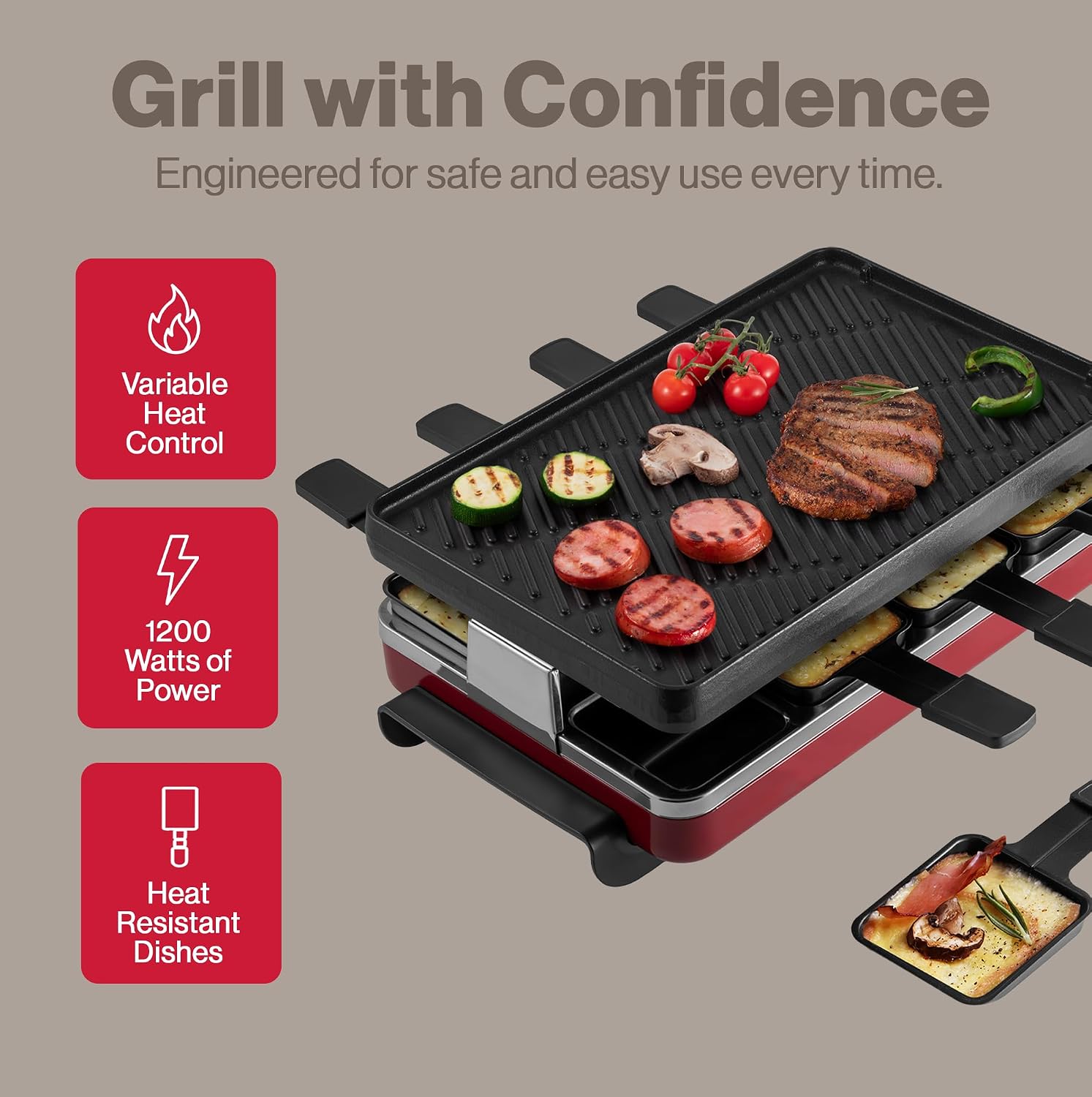 Swissmar Classic 8-Person Raclette Party Grill - Indoor Electric Grill & Griller with Reversible Cast Iron Grill Plate/Crepe Top - Anthracite Black