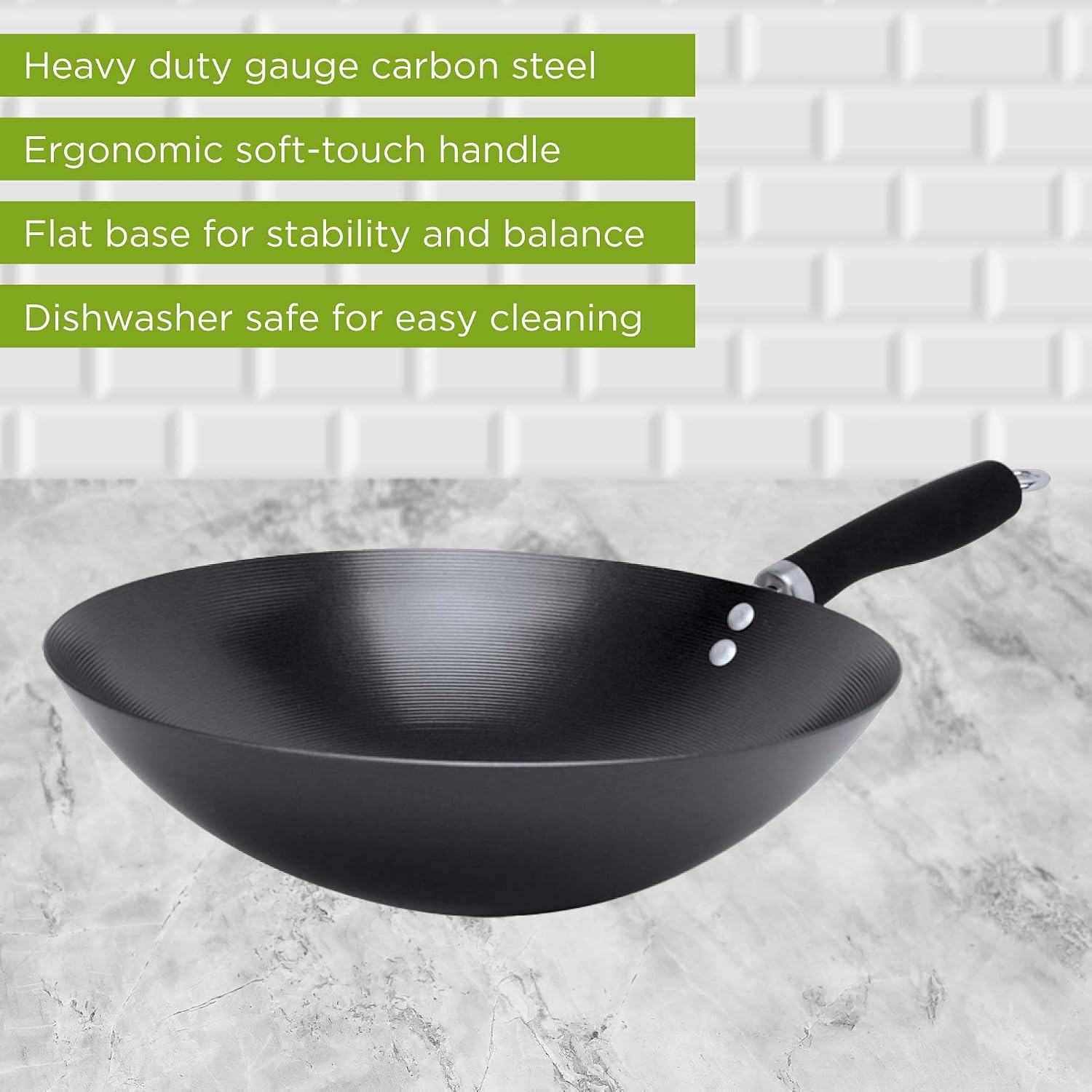 Ecolution Non-Stick Carbon Steel Wok with Soft Touch Riveted Handle, 8",Black