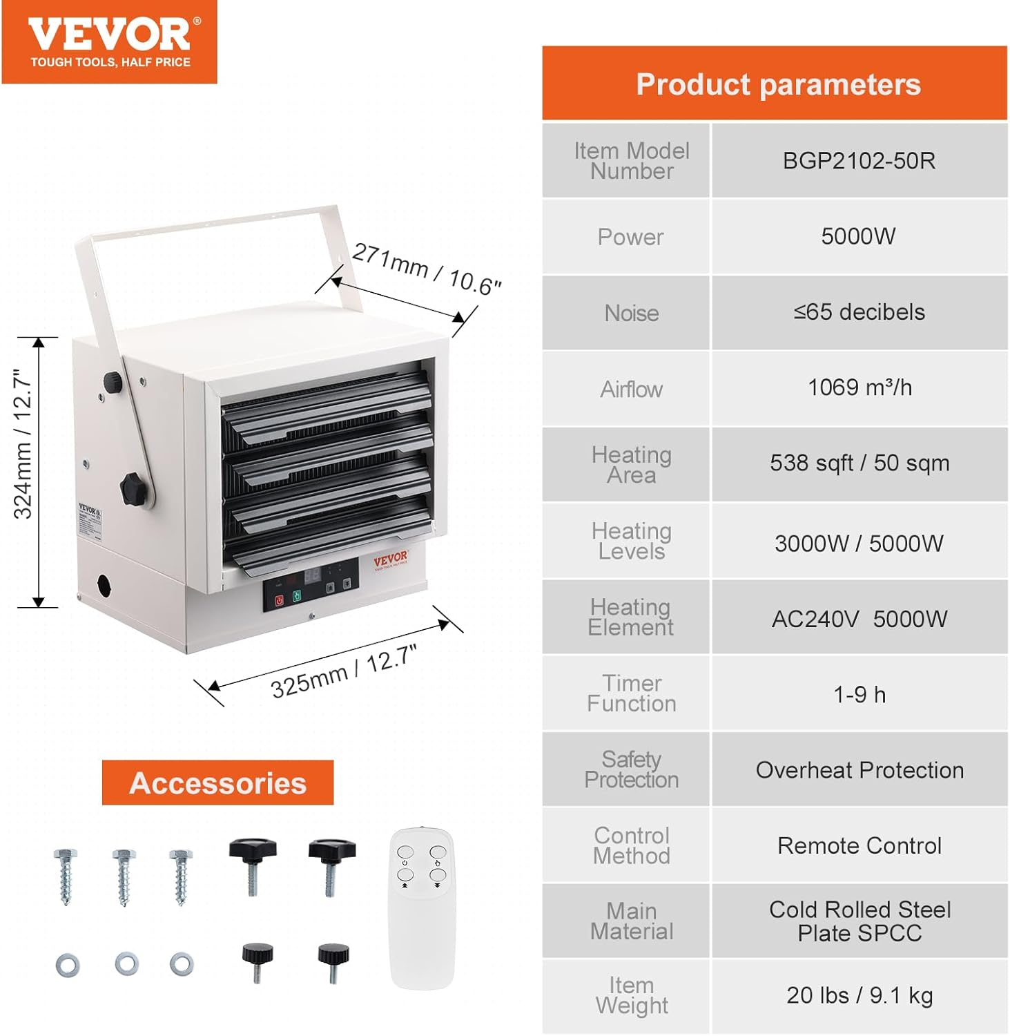 VEVOR Electric Garage Heater, 5000 Watt Digital Fan Forced Wall Ceiling Mount Shop Heater, Remote Control, Overheat Protection
