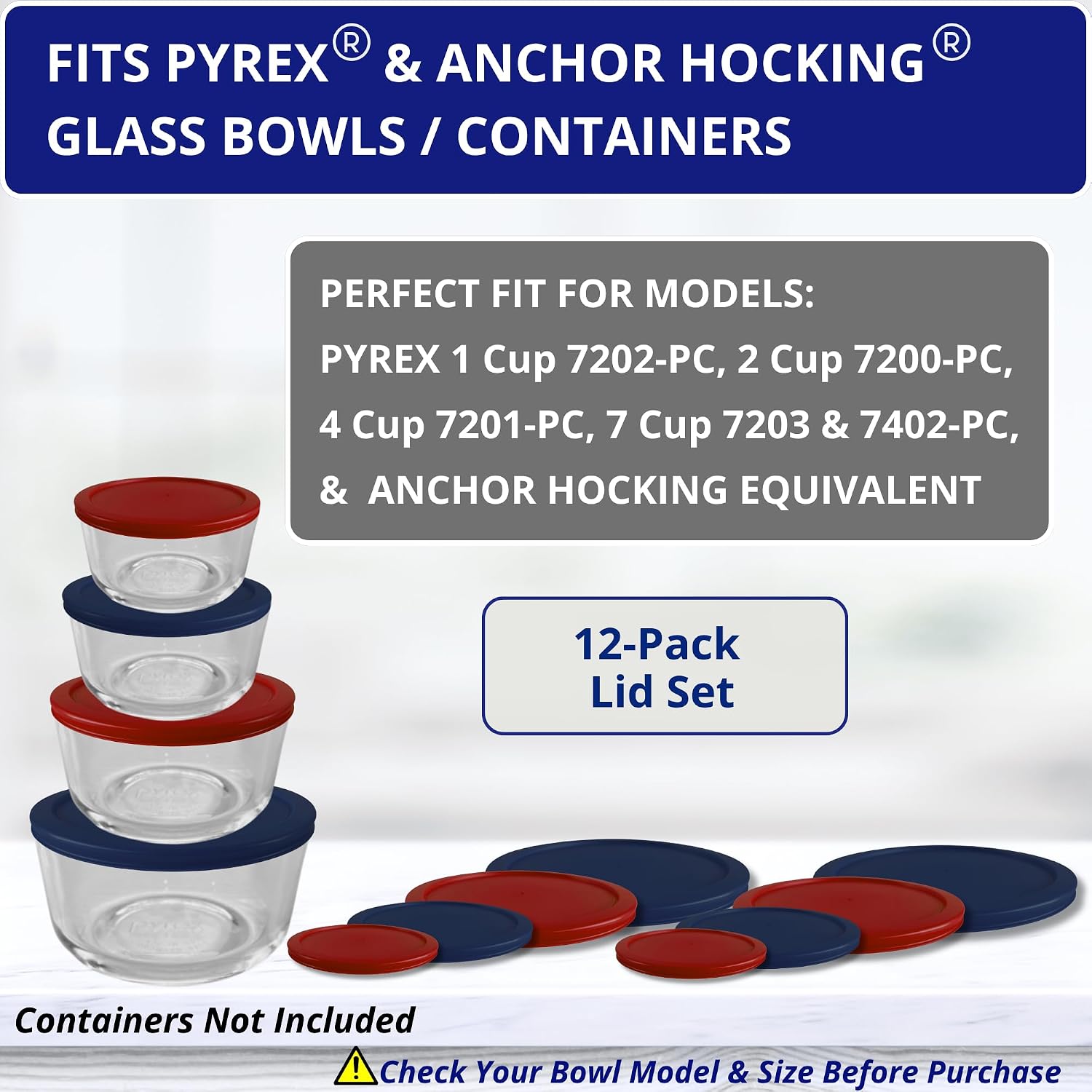 1, 2, 4 & 7 Cup Green, Orange, Blue, Red Replacement Lids/Covers for Pyrex