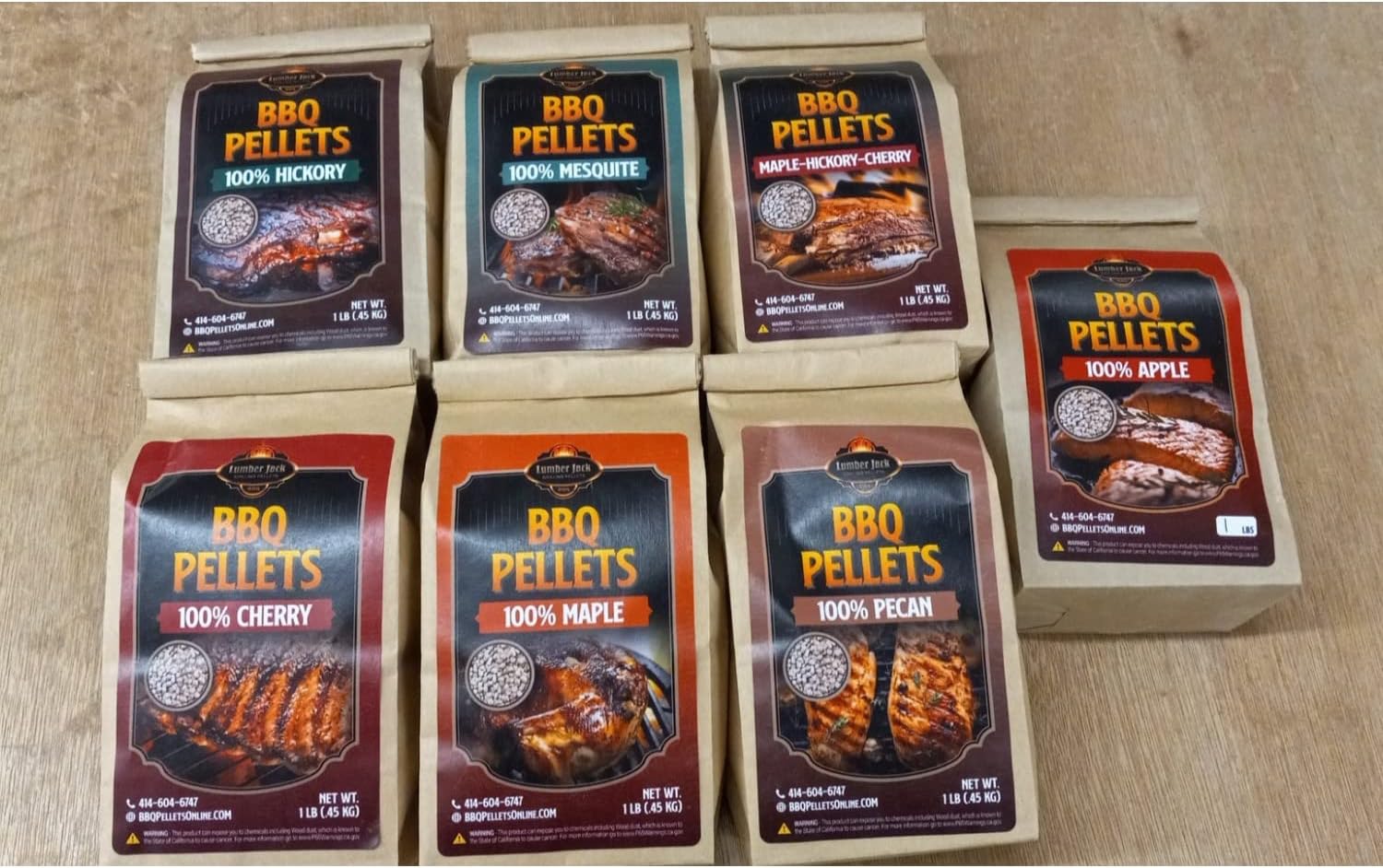 Lumber Jack BBQ Pellet 7 Varieties Pack - 1 Pound Bags - 100 Percent (Apple, Cherry, Pecan, Hickory, Maple-Hickory-Cherry